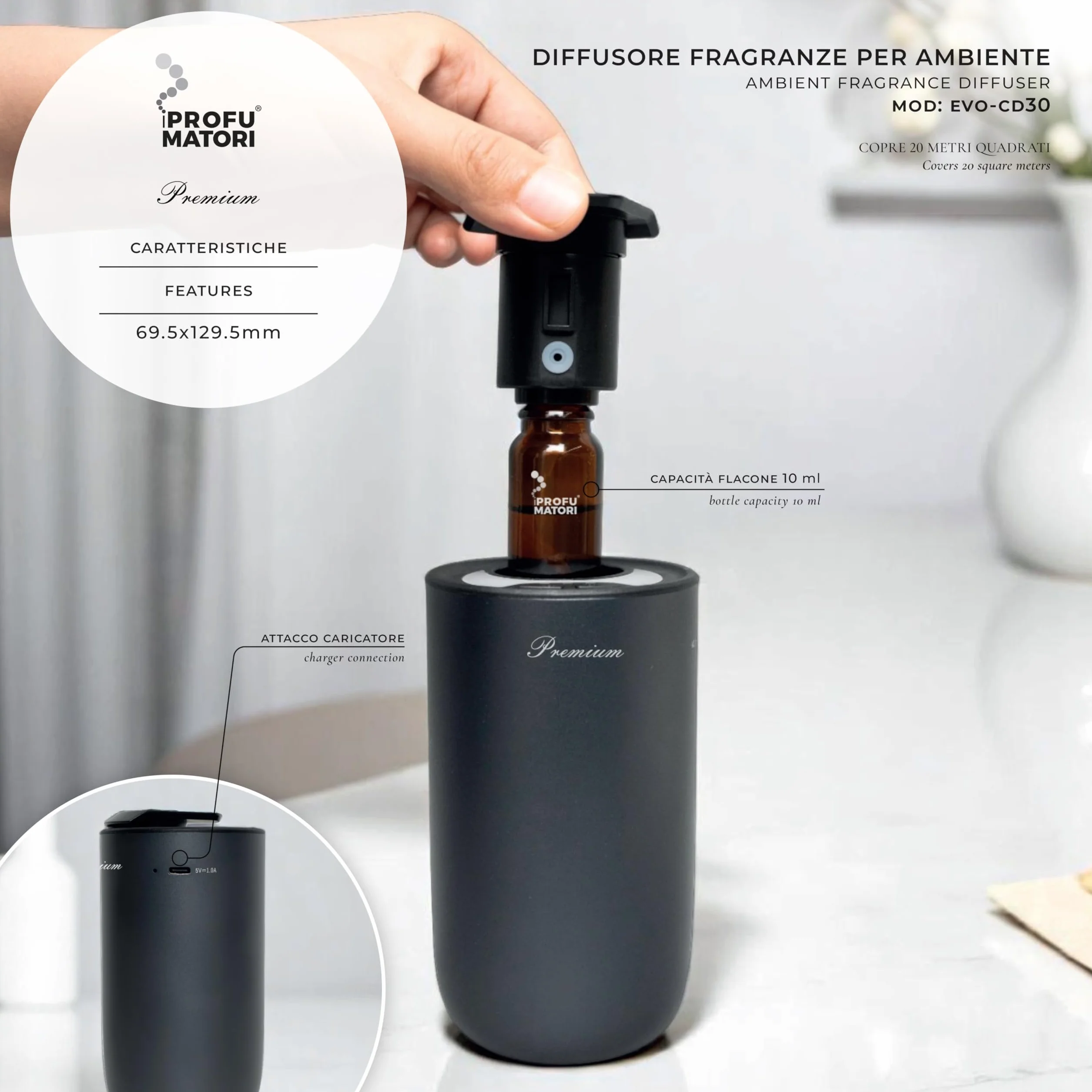 Diffusore Elettrico Auto EVO/CD30 Oud Omar 3 Livelli Intensità LED Ricarica USB 15ml Titanio