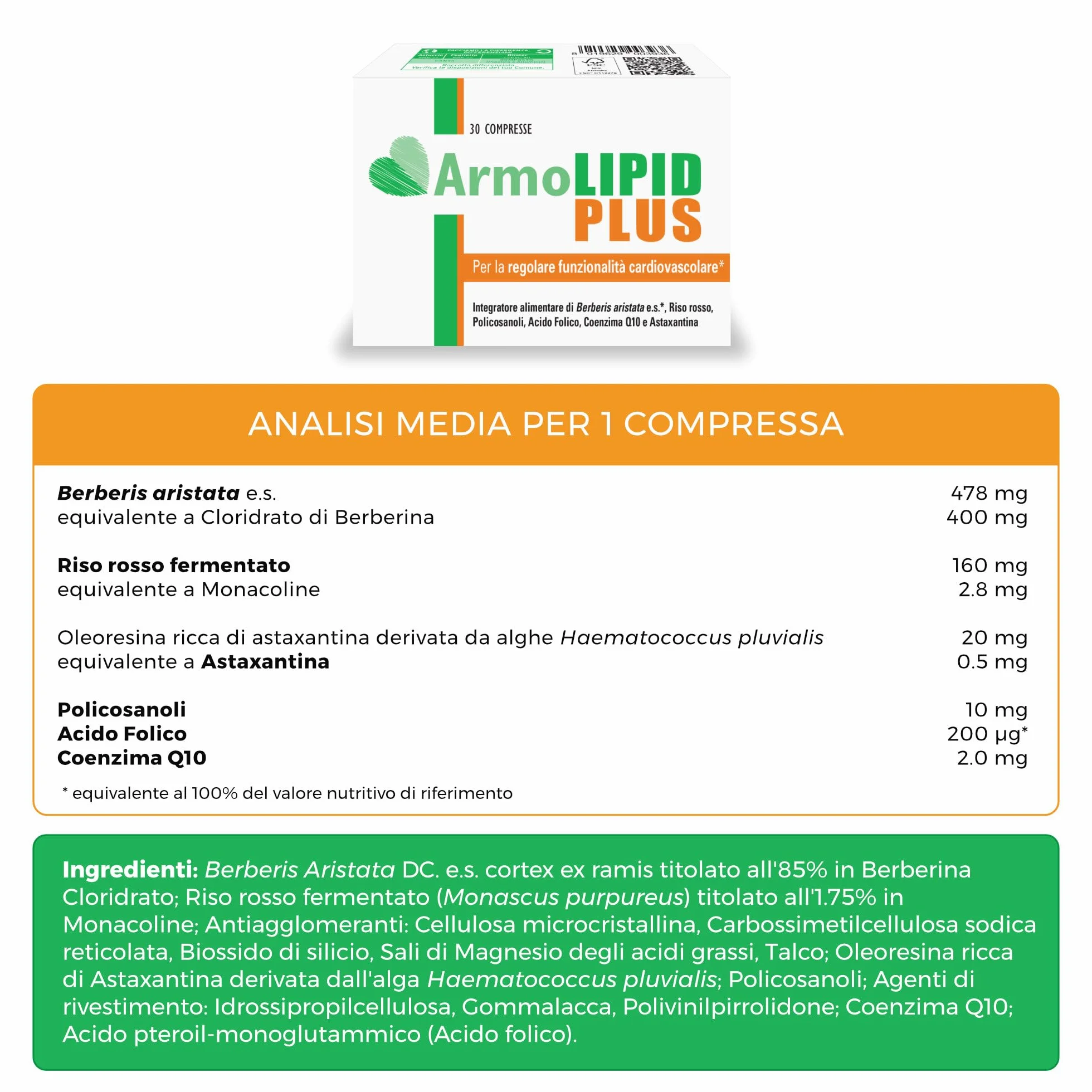 Armolipid Plus 30 Compresse Integratore Alimentare Berberis Aristata Riso Rosso Fermentato Acido Folico Policosanoli Coenzima Q10 Astaxantina