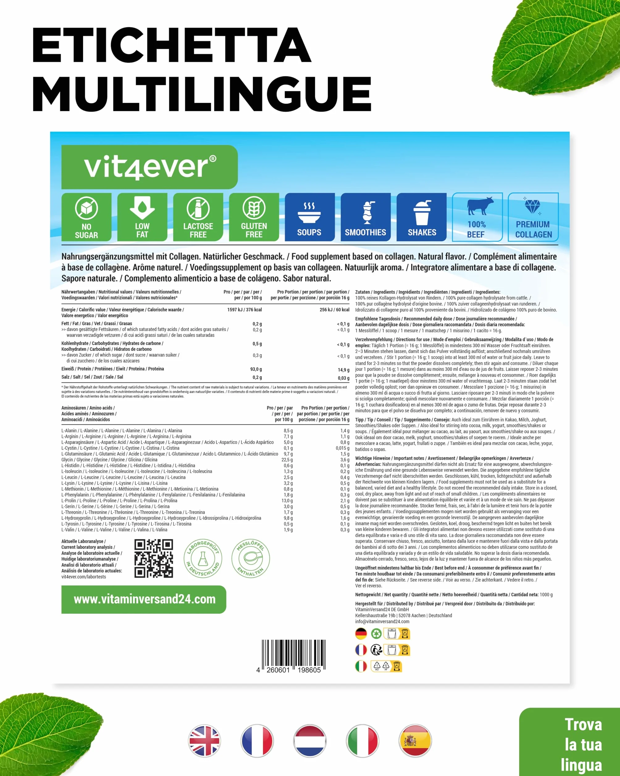 Collagene in Polvere 1000 g - Peptidi Idrolizzati Bioattivi Tipi 1 e 3 - Sapore Neutro