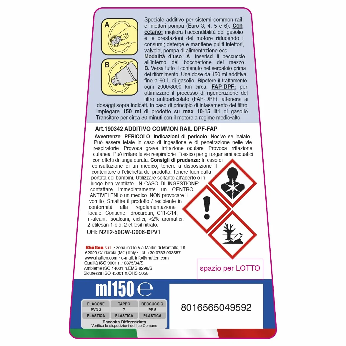 Additivo Common Rail e Iniettori Pompa, DPF FAP Regeneration, Monodose Superconcentrata, Trattamento Con Cetano, 150ml