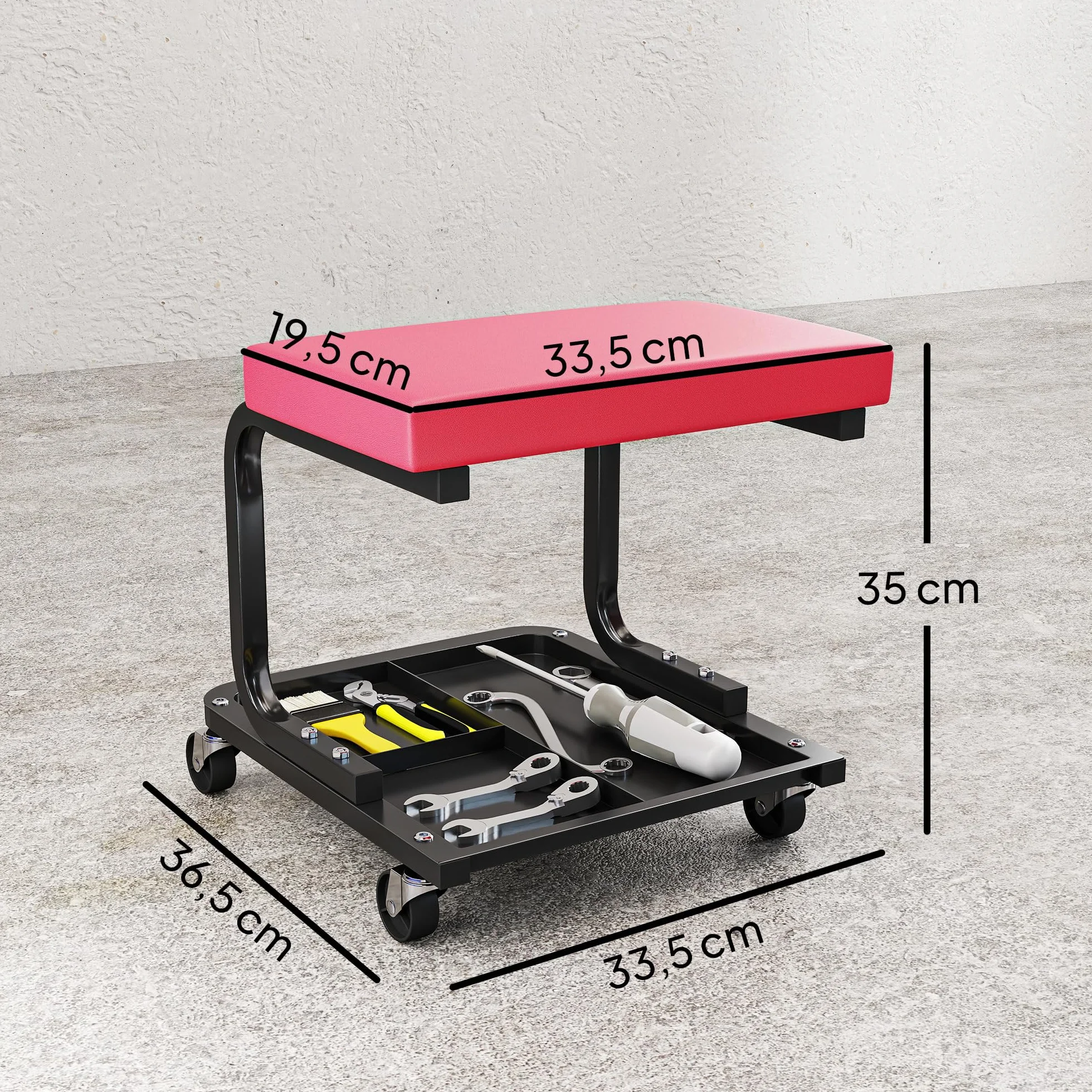 HOMCOM Sgabello da meccanico sgabello mobile da officina, portata 135 kg, incluso vassoio porta attrezzi, sedile da officina con rotelle lisce, girevole a 360°, per manutenzione, riparazioni auto,