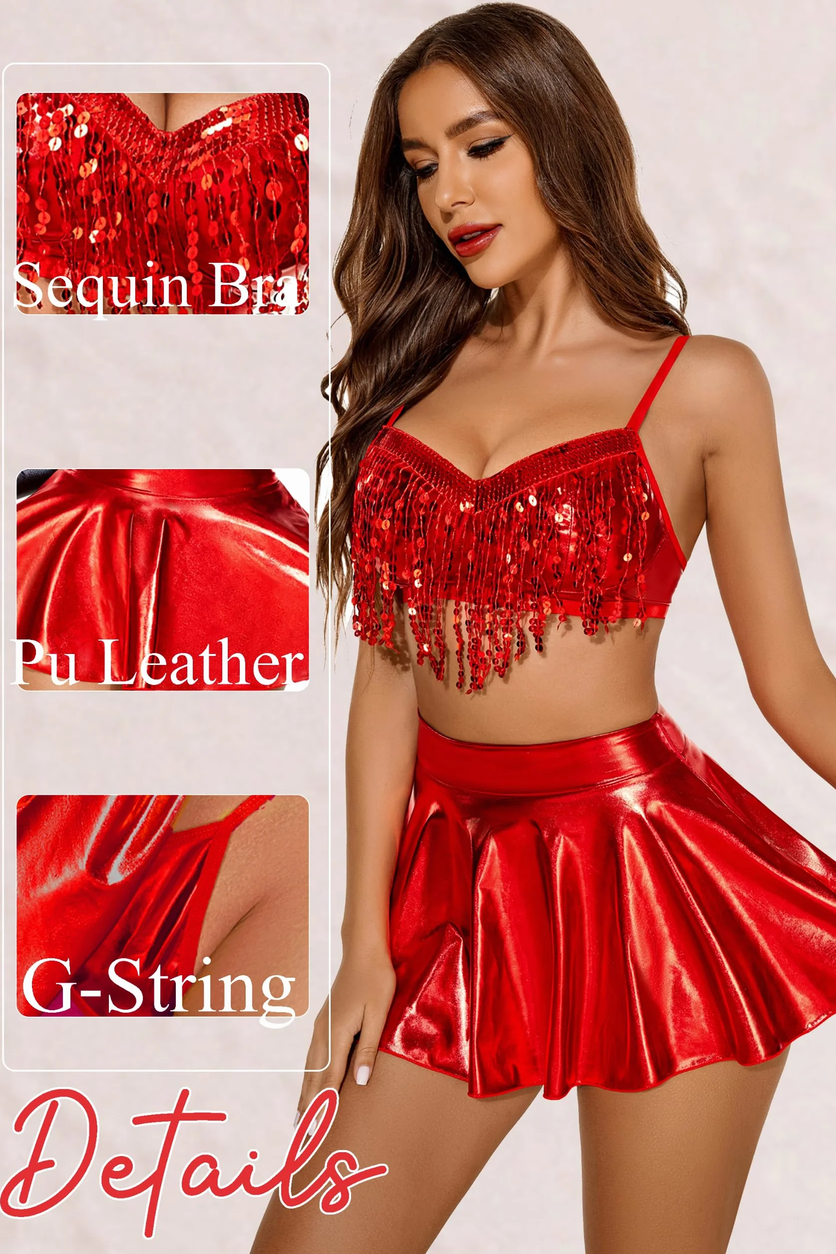 Avidlove Latex Lingerie Set 3 Piece Sexy Mini Dress with Fringe Bra and Panties Rave Clubwear