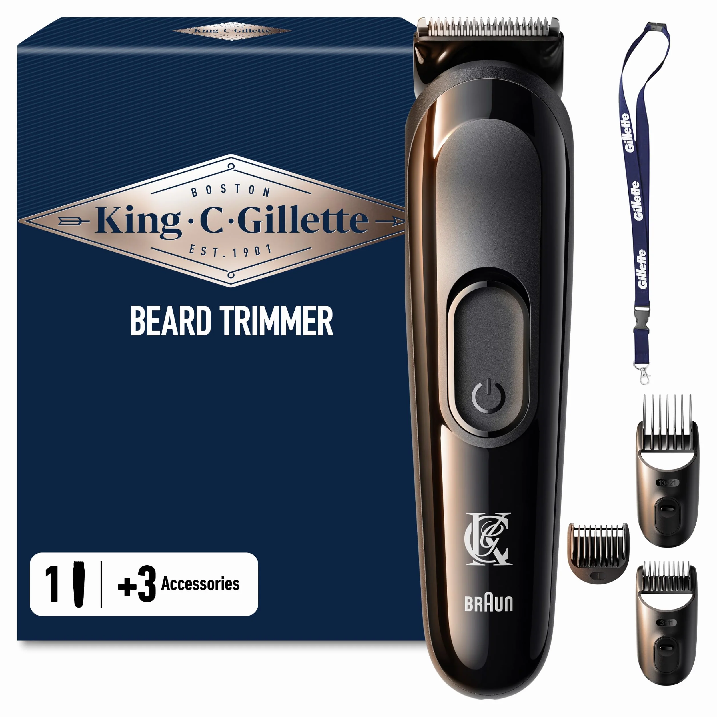 King C. Gillette Kit Regolabarba Uomo, Rasoio Elettrico Barba, 1 Testina, 3 Pettini Regolatori, Caricatore
