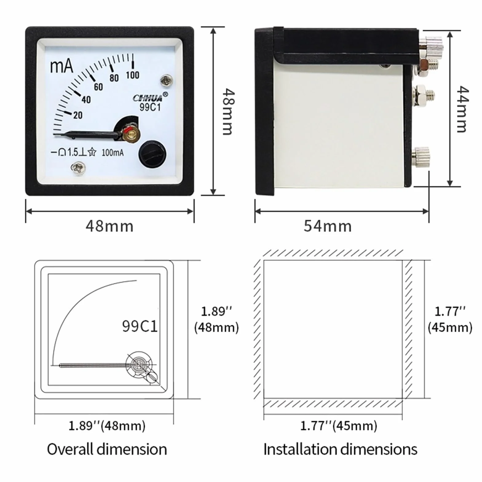 Amperometro analogico 99C1 Milliamperometro DC Misuratore da pannello Puntatore meccanico Amperometro1ma2ma3ma5ma10ma20ma30ma50ma100ma(20MA_48*48MM)