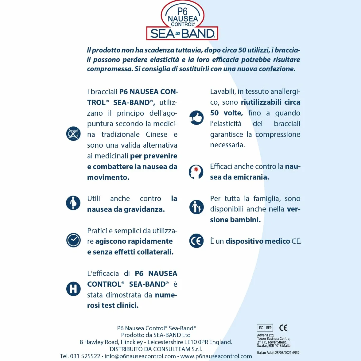Bracciali Anti-Nausea per Adulti, Dispositivo Medico CE Classe I, Riutilizzabili, Confezione da 2