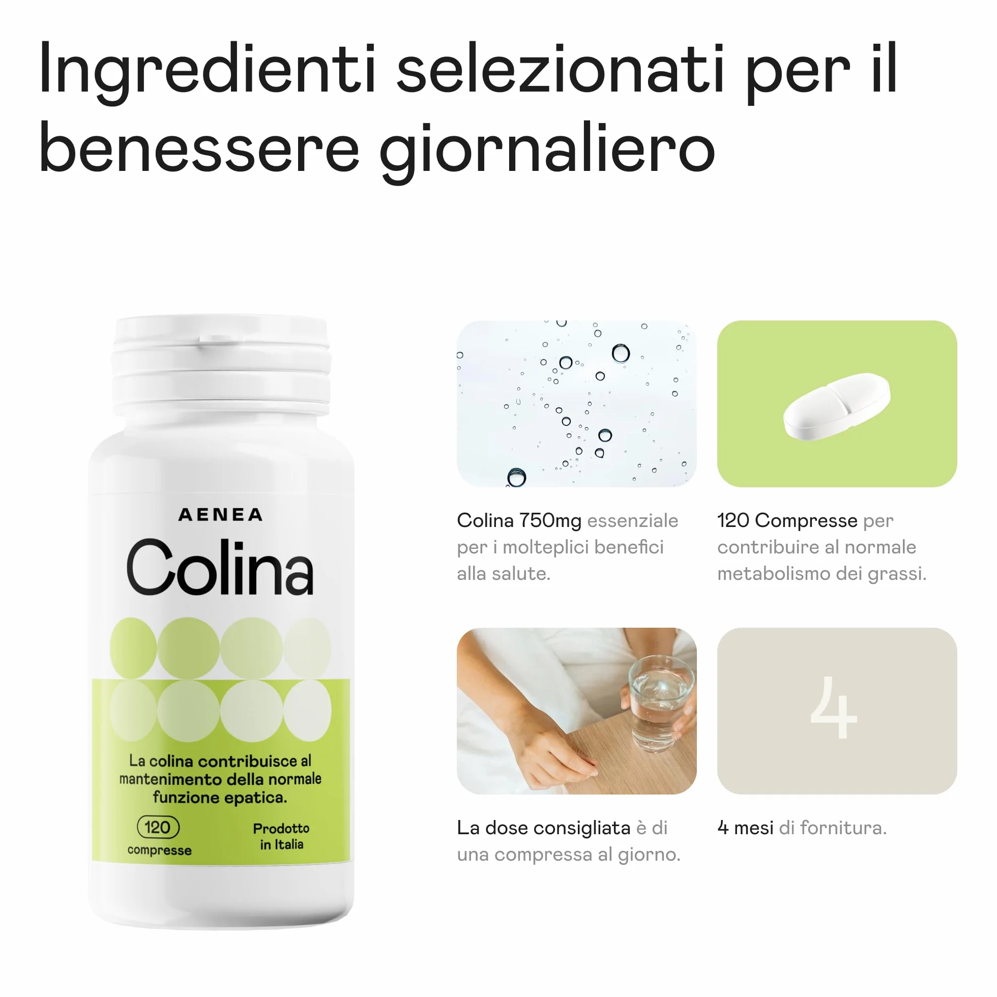 Colina Integratore 120cps Alto Dosaggio 1200mg Colina Bitartrato Depura Fegato Funzione Epatica Metabolismo Grassi Detox Made in Italy