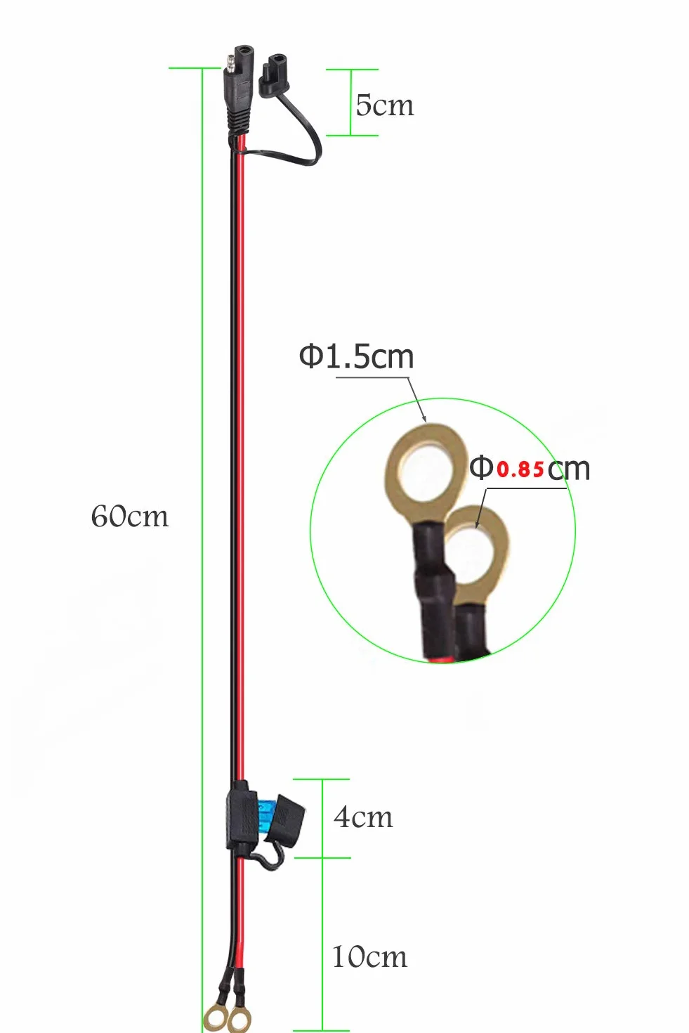 SAE to O Ring Cablaggio Terminale con Fusibile 15A, Cavo Prolunga Batteria 2FT 10AWG per Moto Auto