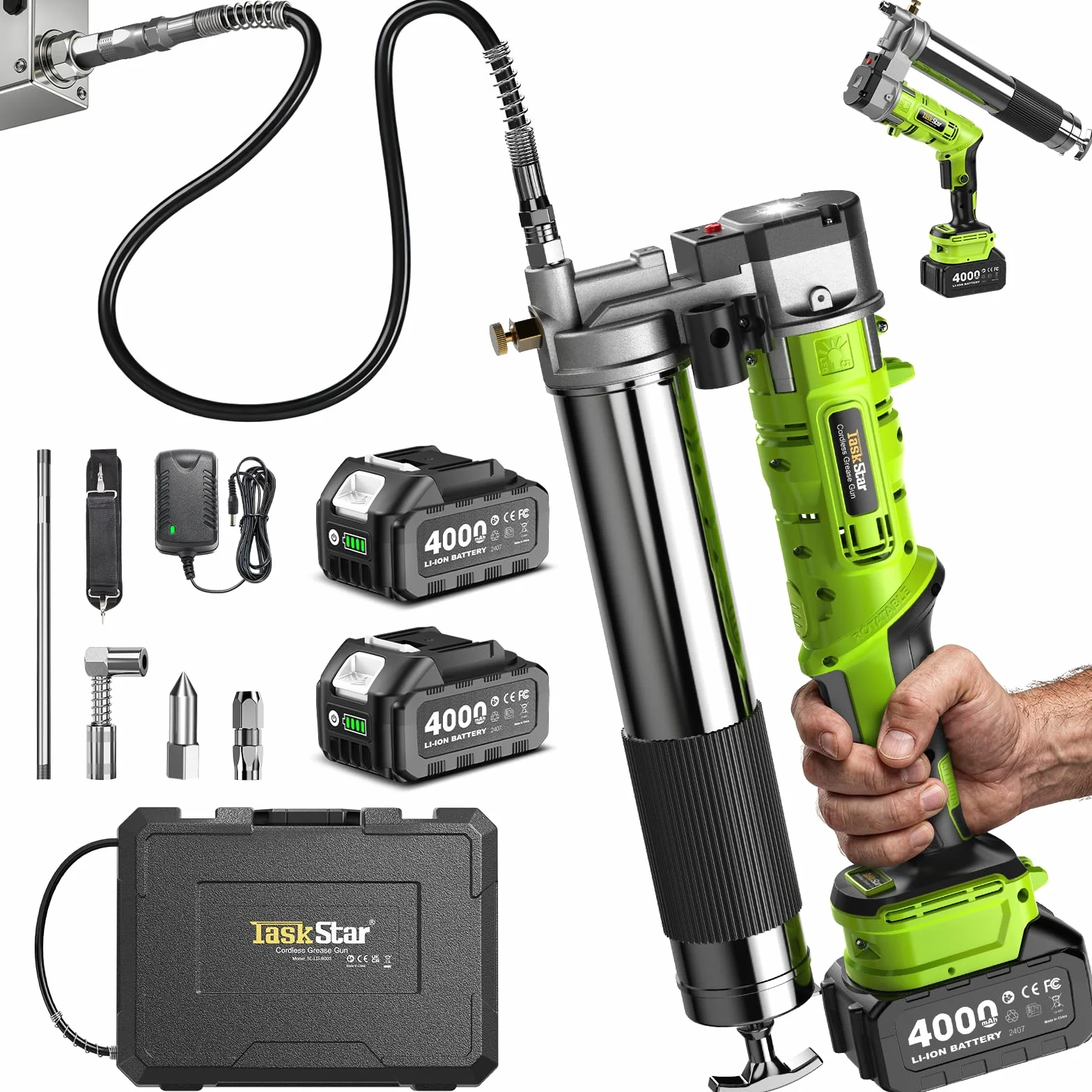 TaskStar Ingrassatore 2-in-1 con 2 Batterie da 4000 mAh, [Molto più Facile da Usare] Ingrassatore a Batteria con Adattatore per Ingrassatore a 90 Gradi, Pistola per Grasso con Luce LED Luminosa