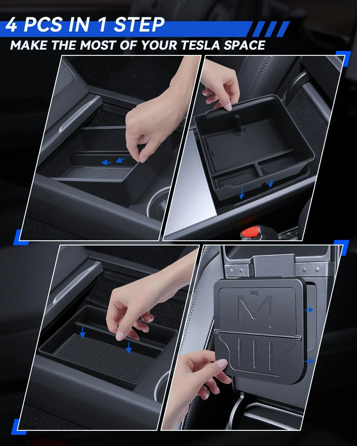4 pezzi accessori per Tesla Model 3 2024 organizer per console centrale, vassoio organizer in silicone, contenitore per bracciolo e scatola nascosta Tesla Model 3 2024 Highland
