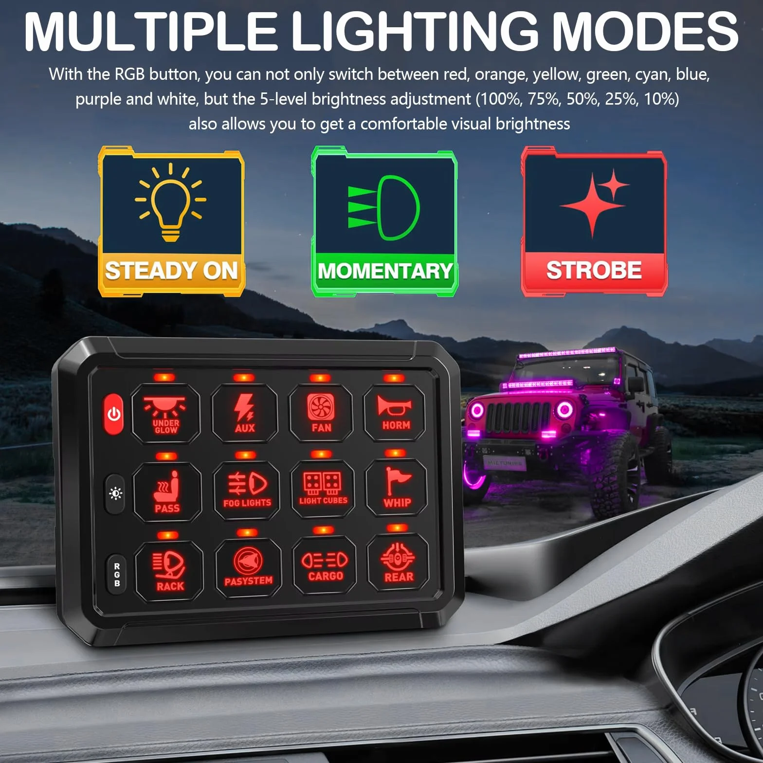Pannello Interruttori 12V/24V Universale con Dimmerabili RGB 8 Colori per Auto RV Camion SUV