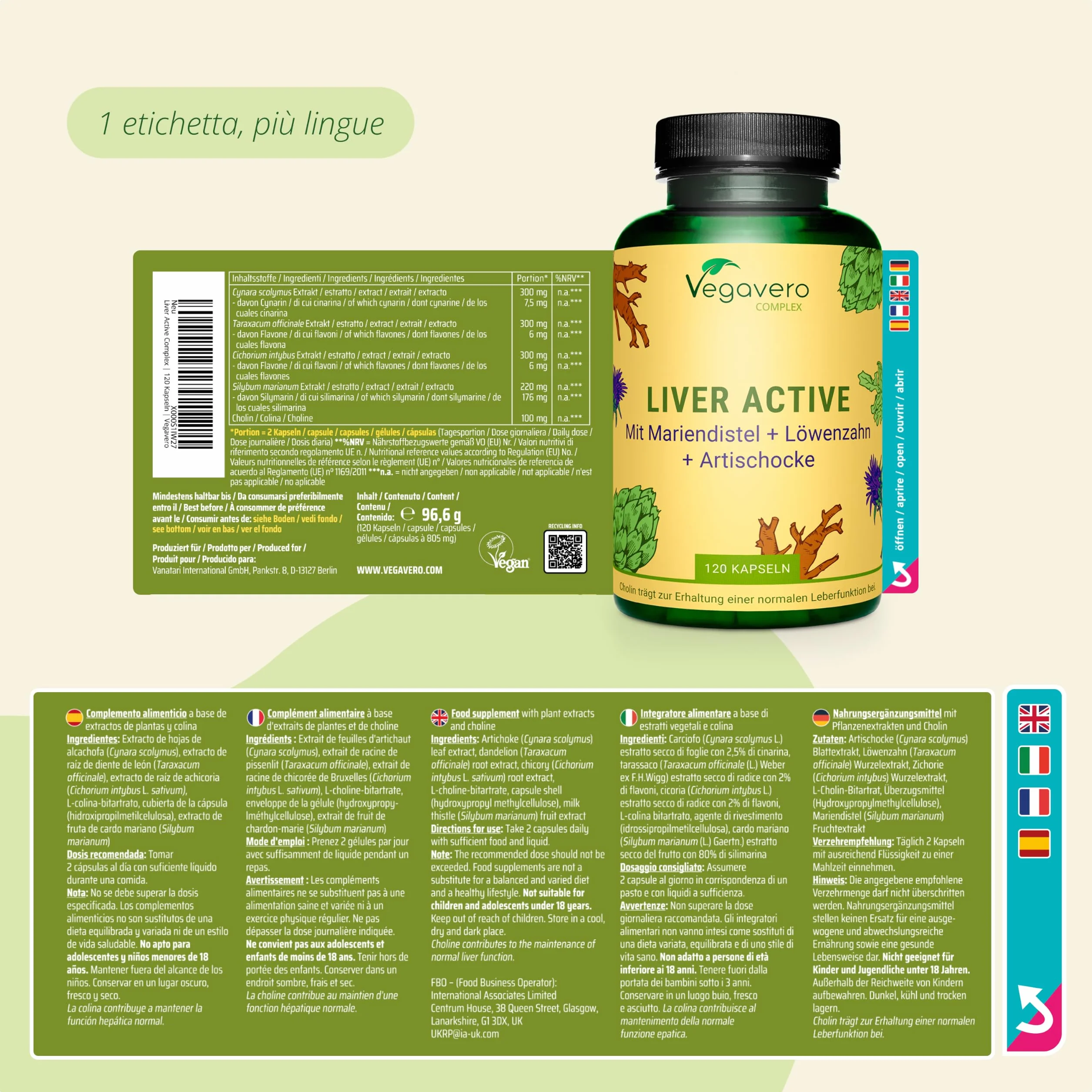 Vegavero® Detox FEGATO Cardo Mariano Carciofo Tarassaco Cicoria Colina Silimarina Cinarina 120 capsule Vegan