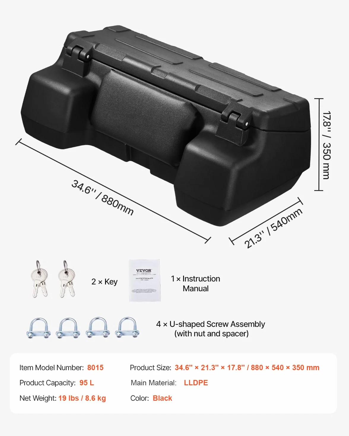 VEVOR Contenitore Sdraio da Auto ATV UTV Posteriore 95L LLDPE Impermeabile con Serratura Nero