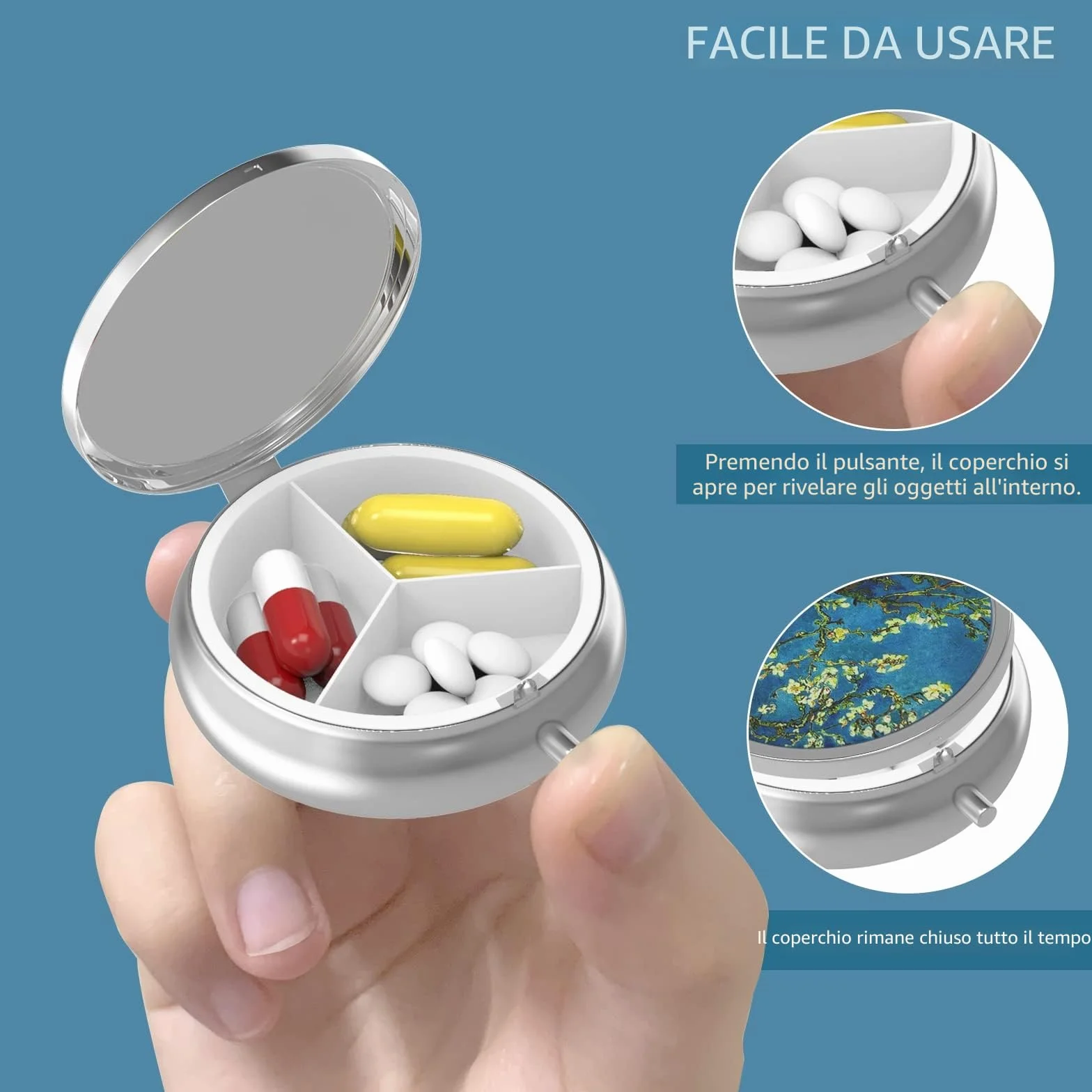 Portapillole Metallico 3 Scomparti Portatile Organizer Medicina Vitamina Sun and Moon