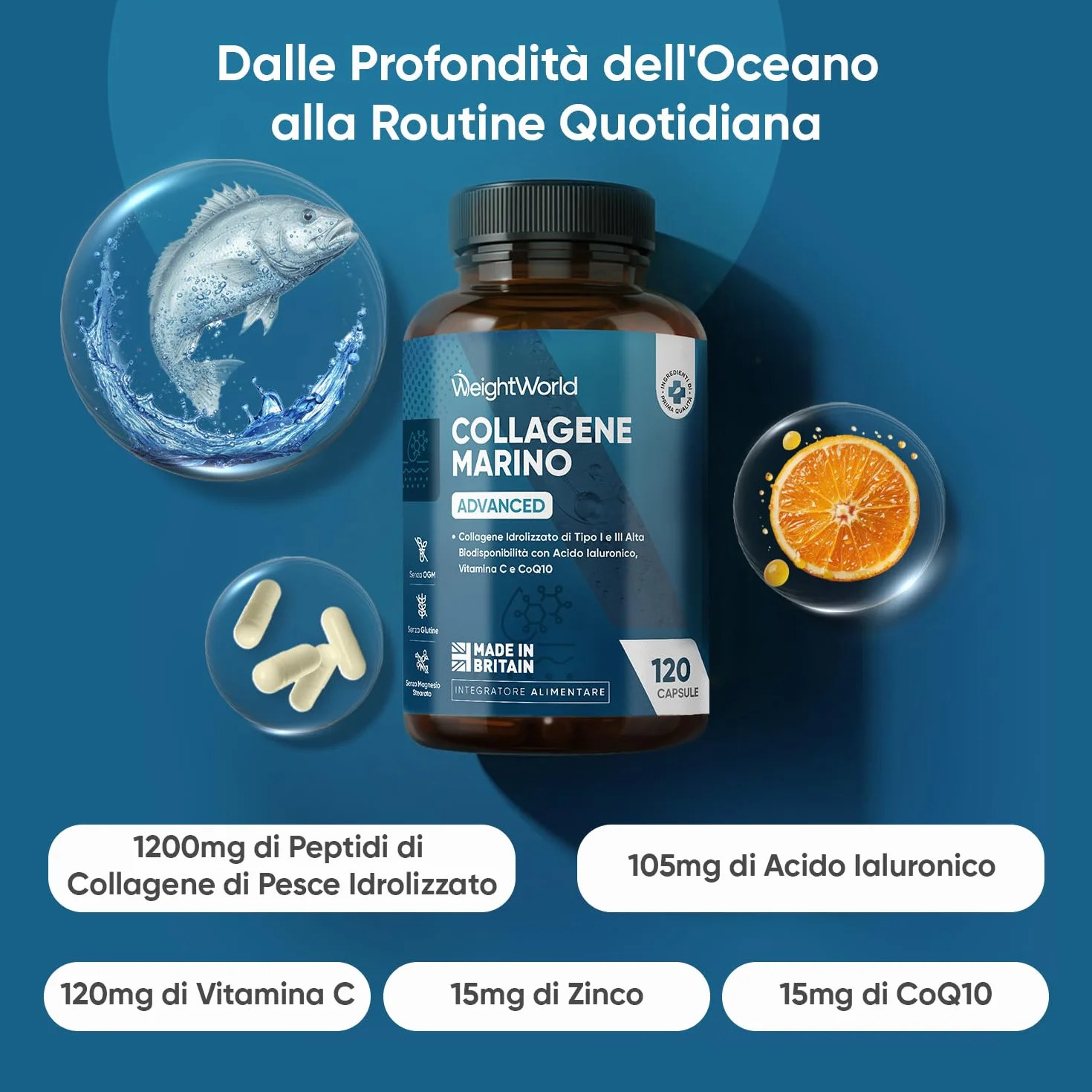 Collagene Marino con Acido Ialuronico, Peptidi, Vitamina C, Coenzima Q10, Zinco, 1200mg