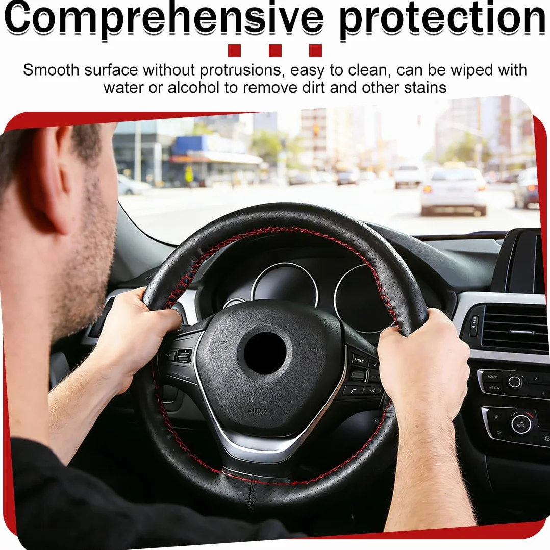 Coprivolante Auto in Pelle da Cucire, Foderatura per Sterzo 38cm con Perforazione Completa e Cucitura Rossa, Kit di Installazione Fai-da-Te per Guida Comoda e Sicura