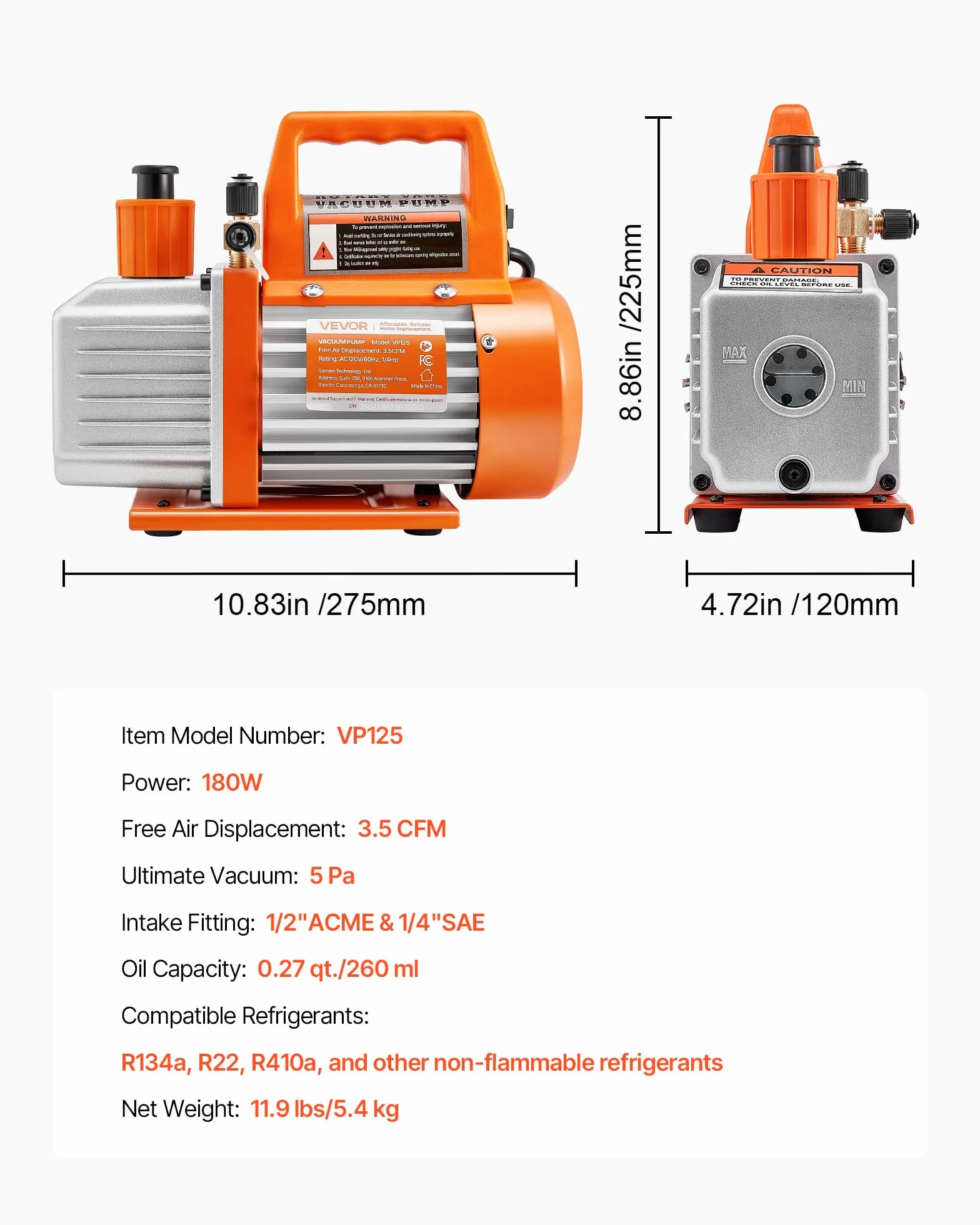 VEVOR Pompa per Vuoto 100 L/min a Palette Rotanti Monostadio HVAC R134a R22 R410a