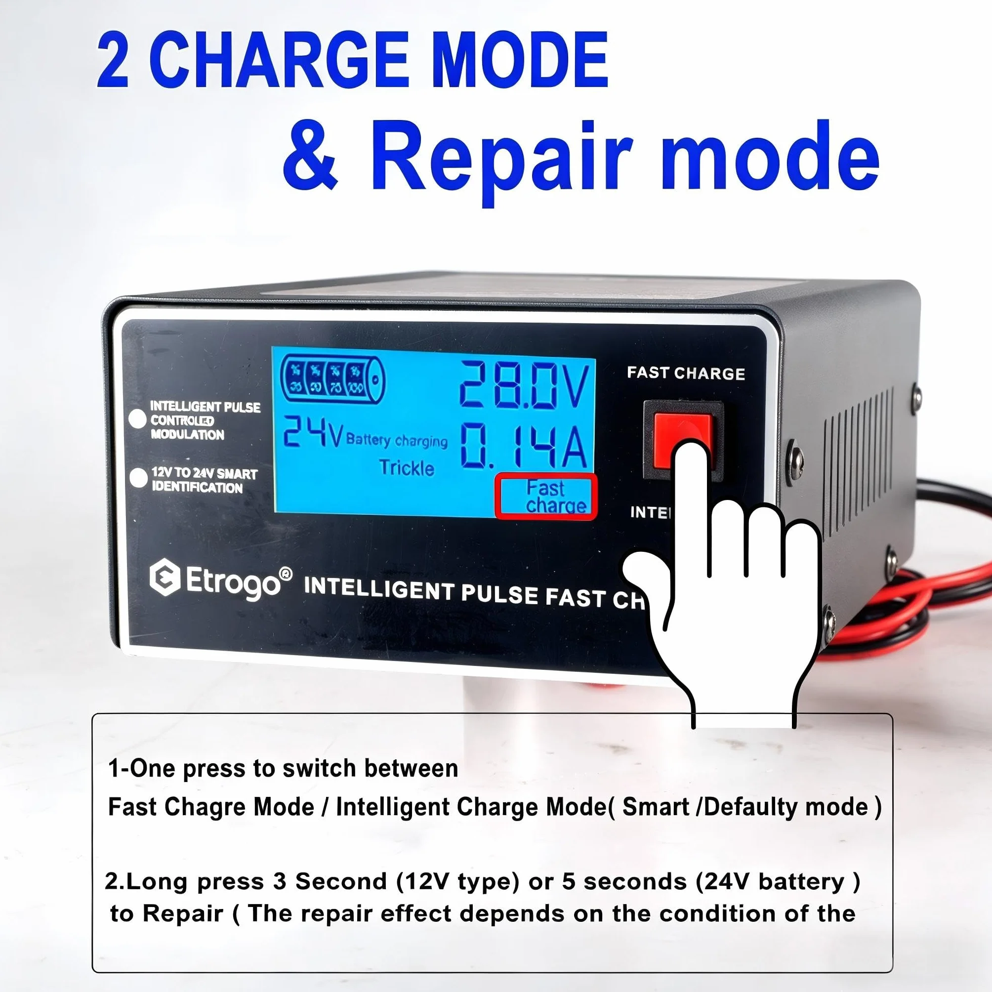 Etrogo Caricabatteria Auto 12V 24V 10A 250W Caricatore di Impulsi Intelligente con Funzione di Rilevamento Automatico Riparazione Manutenzione con Schermo LCD