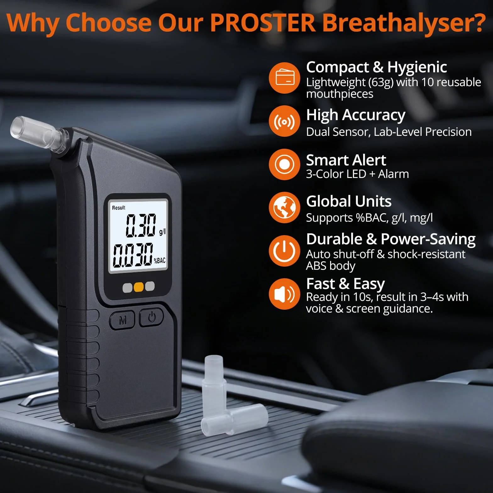 Proster Etilometro Portatile con Display LCD, Sensori Doppi, Misurazione Alcol nel Respiro, Include 10 Bocchini e Batterie