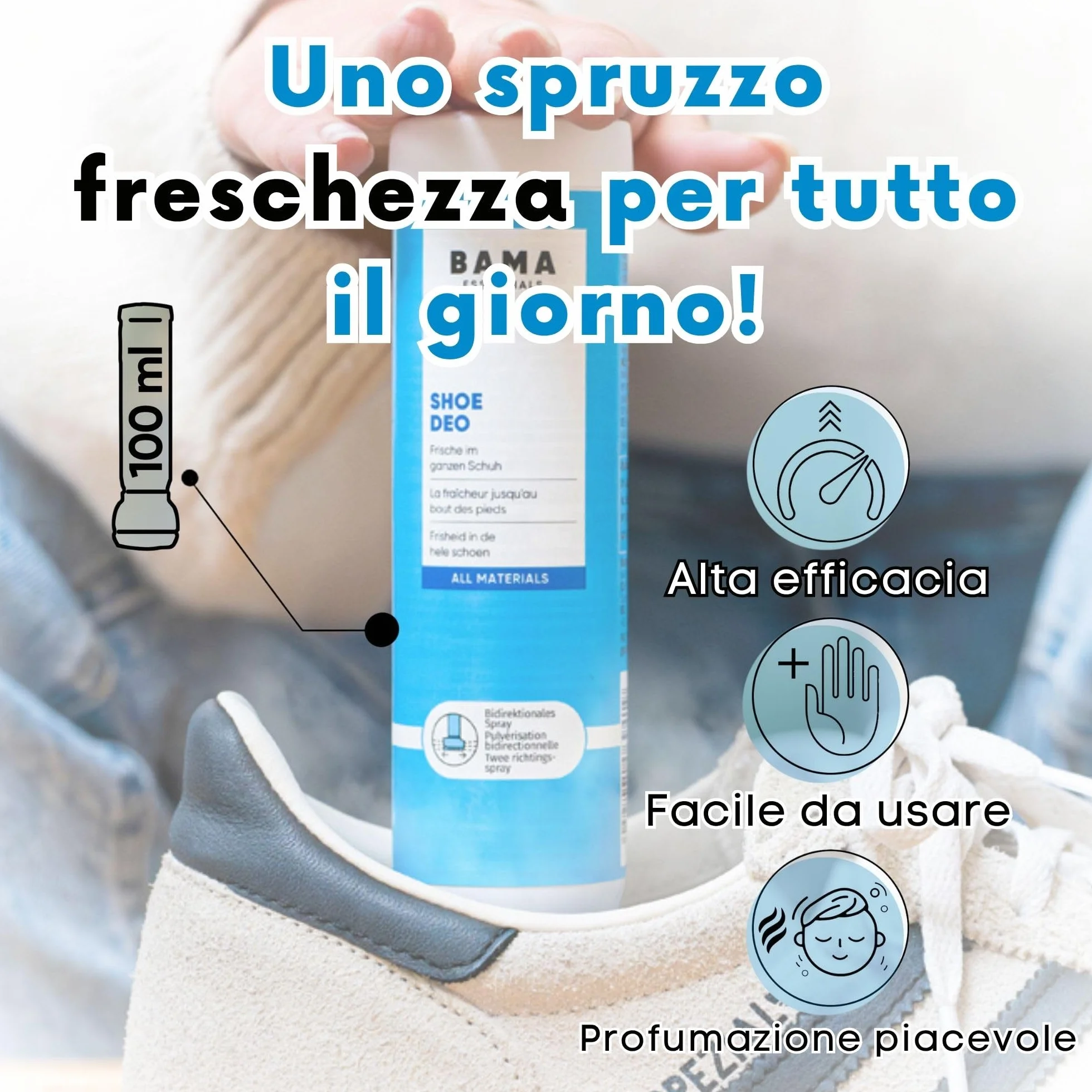 BAMA Spray Deodorante Blu per Scarpe 100 ml Neutralizza Odori Freschezza Igiene