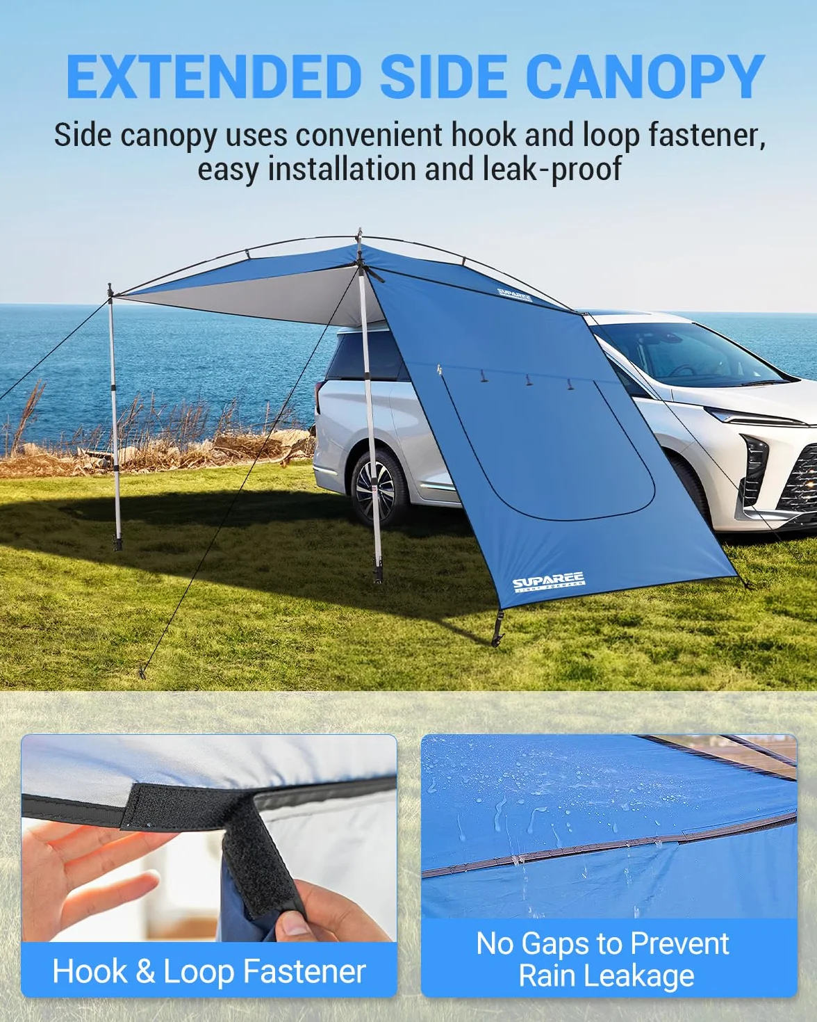 SUPAREE Tenda da Sole per Auto Tendalino Laterale per Auto Tendalino Camper per Parasole con Pali Rimovibile e Finestra con Zanzariera Protezione UV Impermeabile per SUV Camper Furgone Van