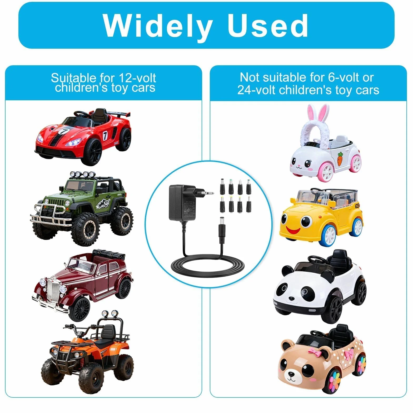 Caricabatteria Universale 12V 1A per Auto Elettrica Bambini 8 Convertitori Protezione Cortocircuito