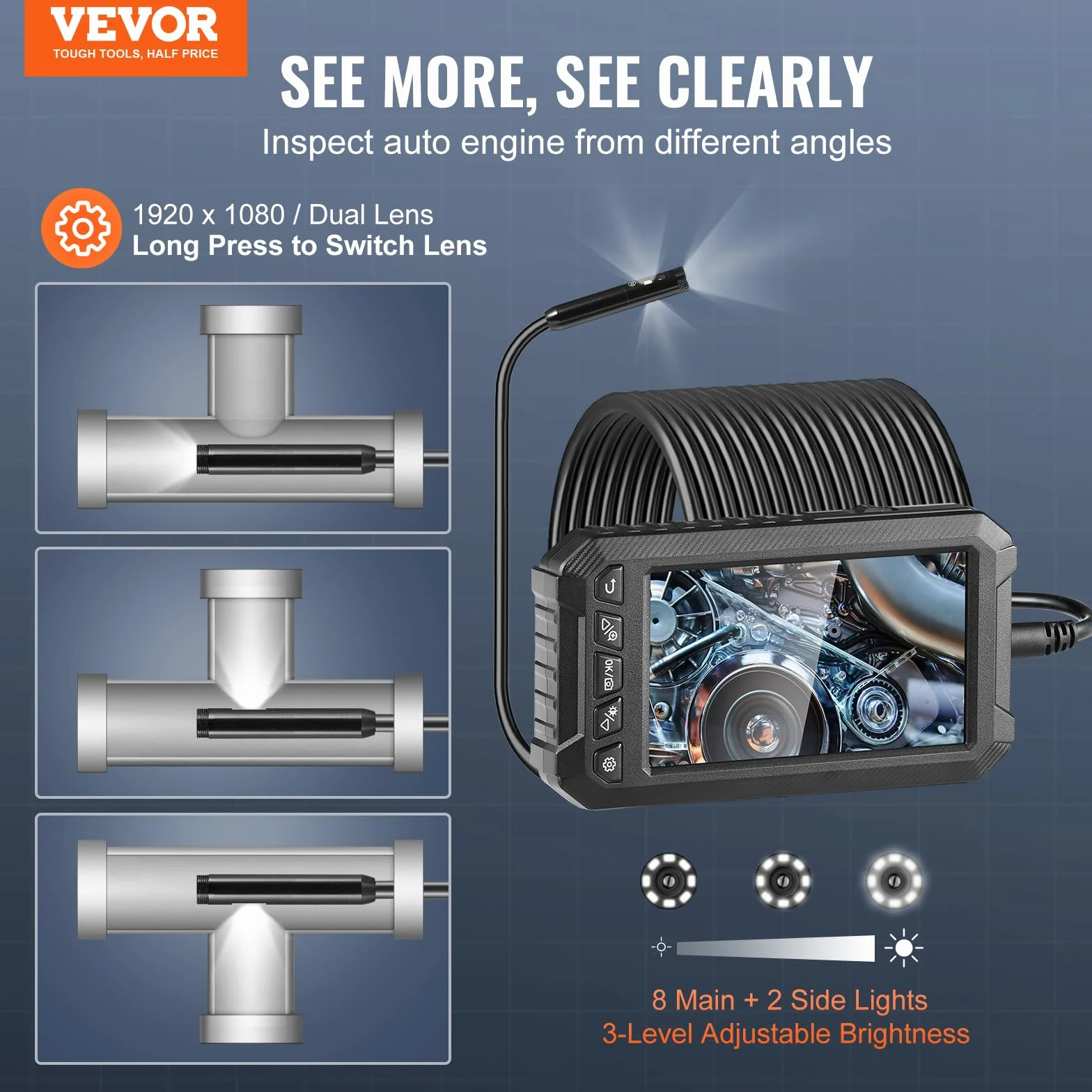 VEVOR Telecamera Endoscopica Boroscopio Tripla Lente Cavo 15 m Scheda 32 GB Schermo 127 mm 1080P IP67 Impermeabile Ispezione