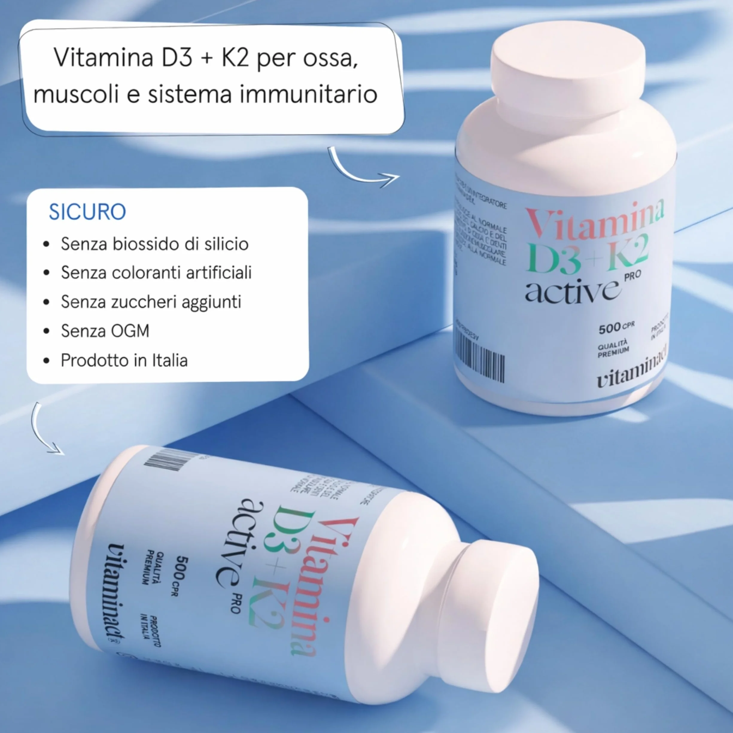 Vitamina D3 K2 500 Microcompresse – 2000 UI a Compressa, K2 MK7, Senza Biossido di Silice