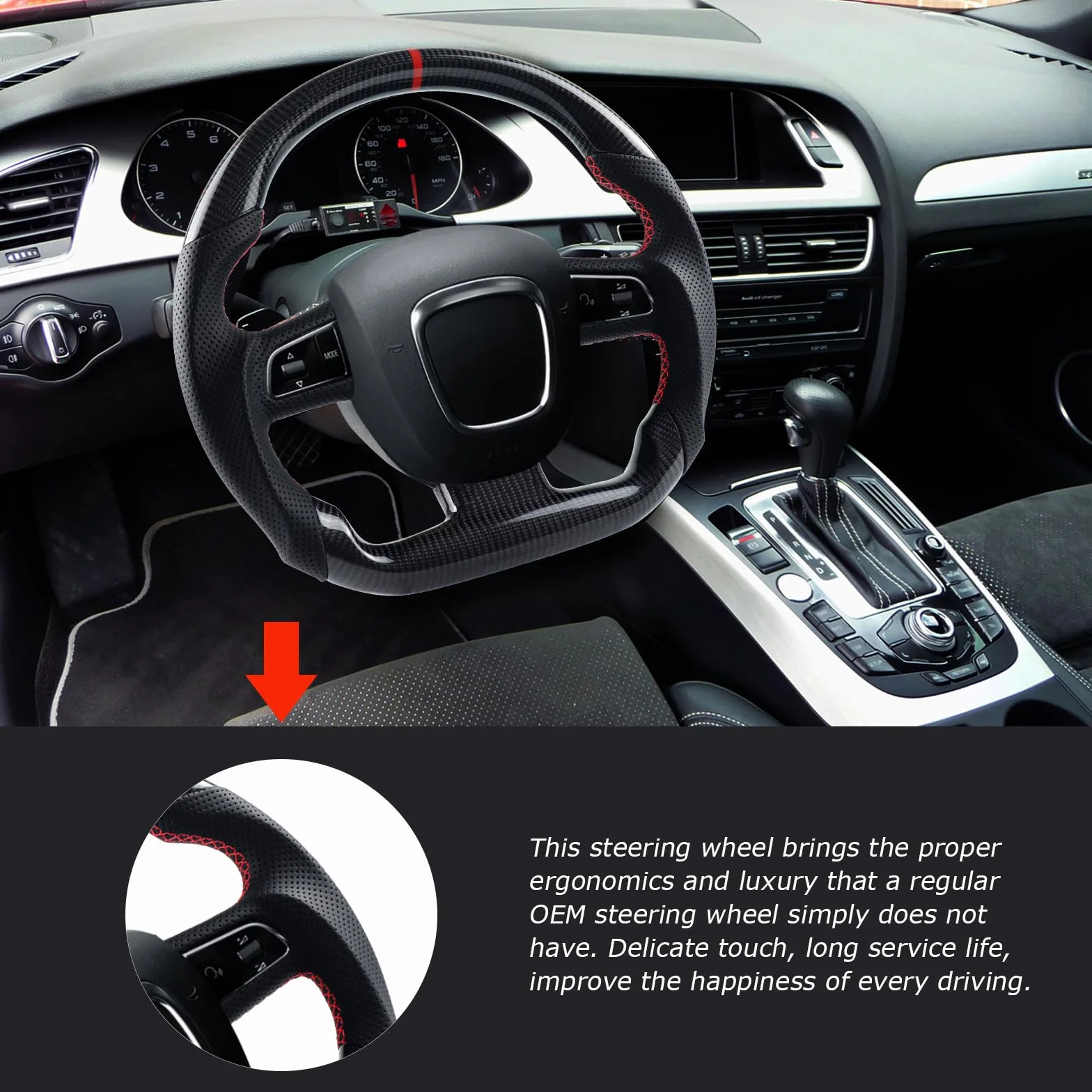 Volante in fibra di carbonio a forma di D con fondo piatto e cuciture rosse, volante personalizzato in pelle traforata, per Audi A4(solo B7) A5 S4 S5 2008-2010