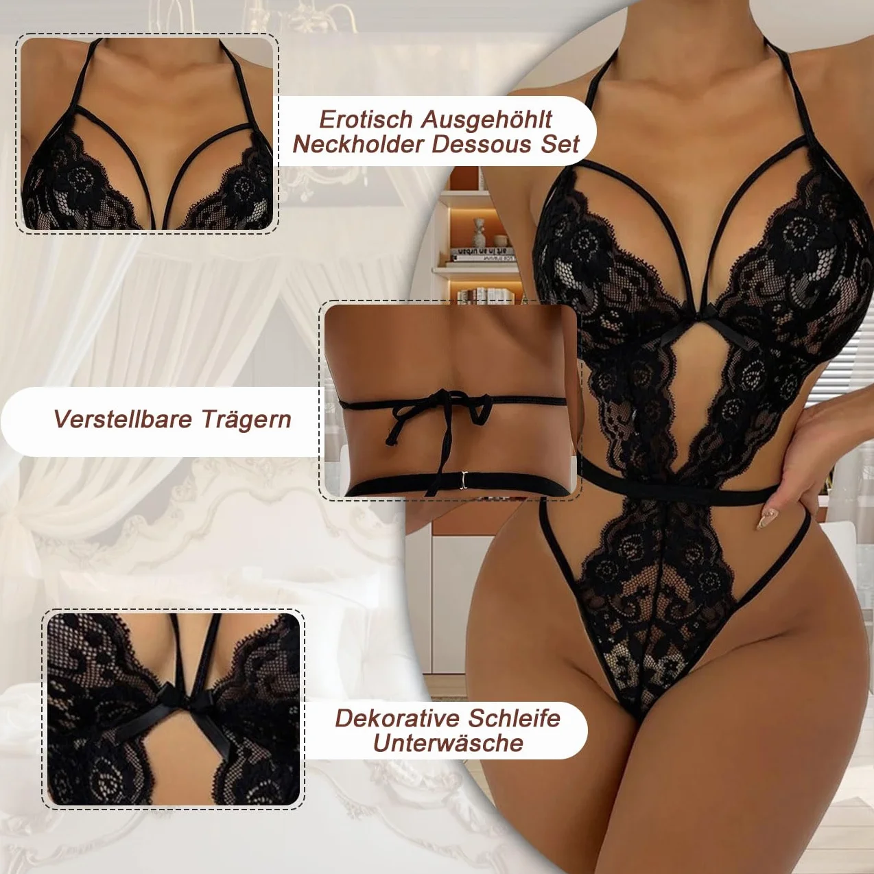 Sexowny Komplet Bielizny Body Babydoll z Dekoltem Amerykańskim i Regulowanymi Ramiączkami, Czarny, Rozmiar Uniwersalny