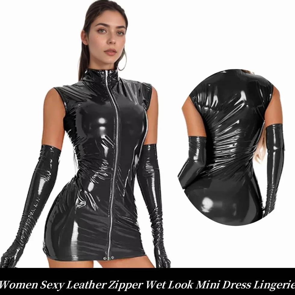 Donna Sexy Pelle Mini Vestito Cerniera Frontale Babydoll Latex Wetlook Camicia Notte Clubwear Elasticità Senza Maniche Miniabito Metallizzato Aderente Catsuit Cocktail Discoteca Costume