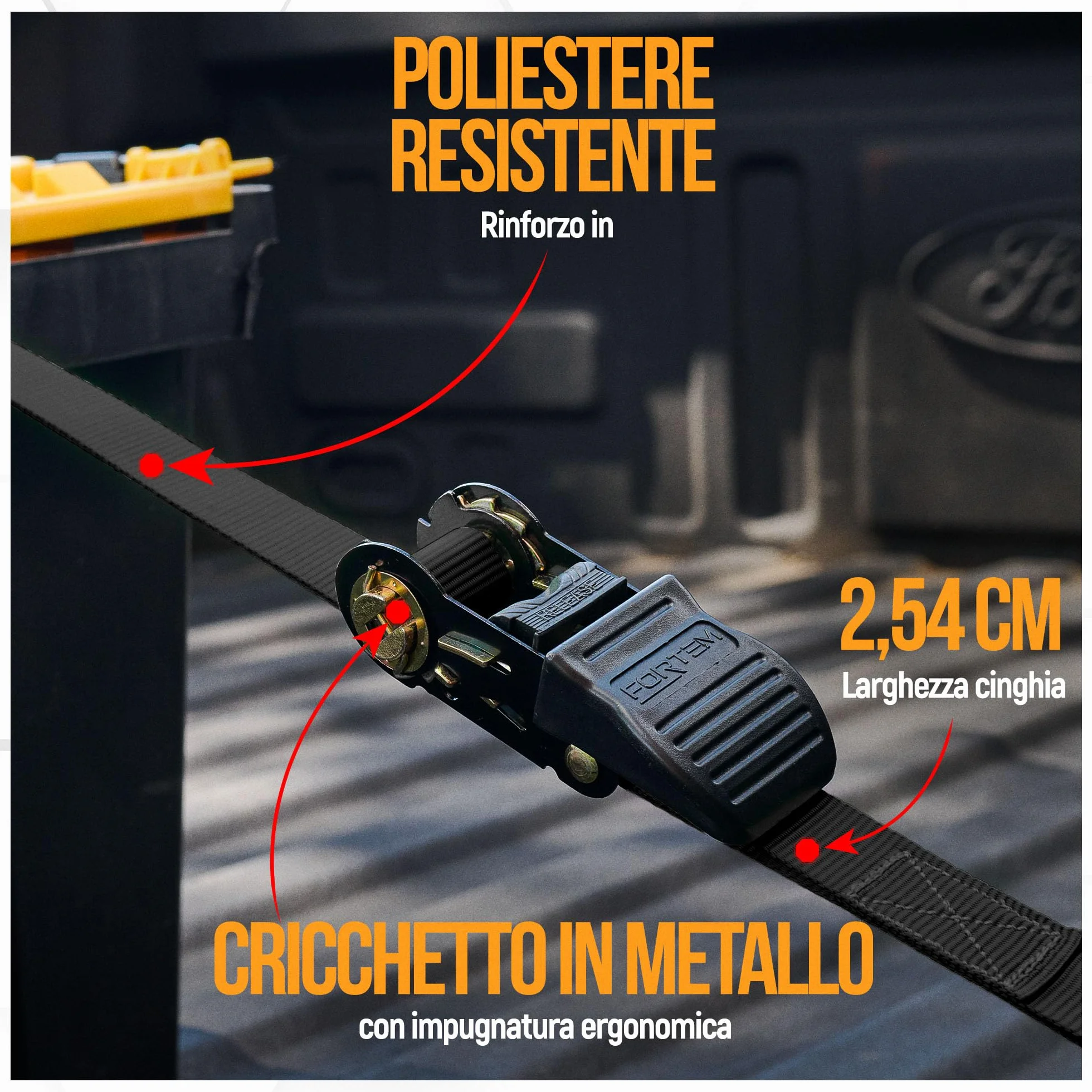 FORTEM Cinghie a Cricchetto Set da 4, Resistenza 748 Kg, 4,57 m, Ganci in Metallo, Custodia Inclusa, Nero