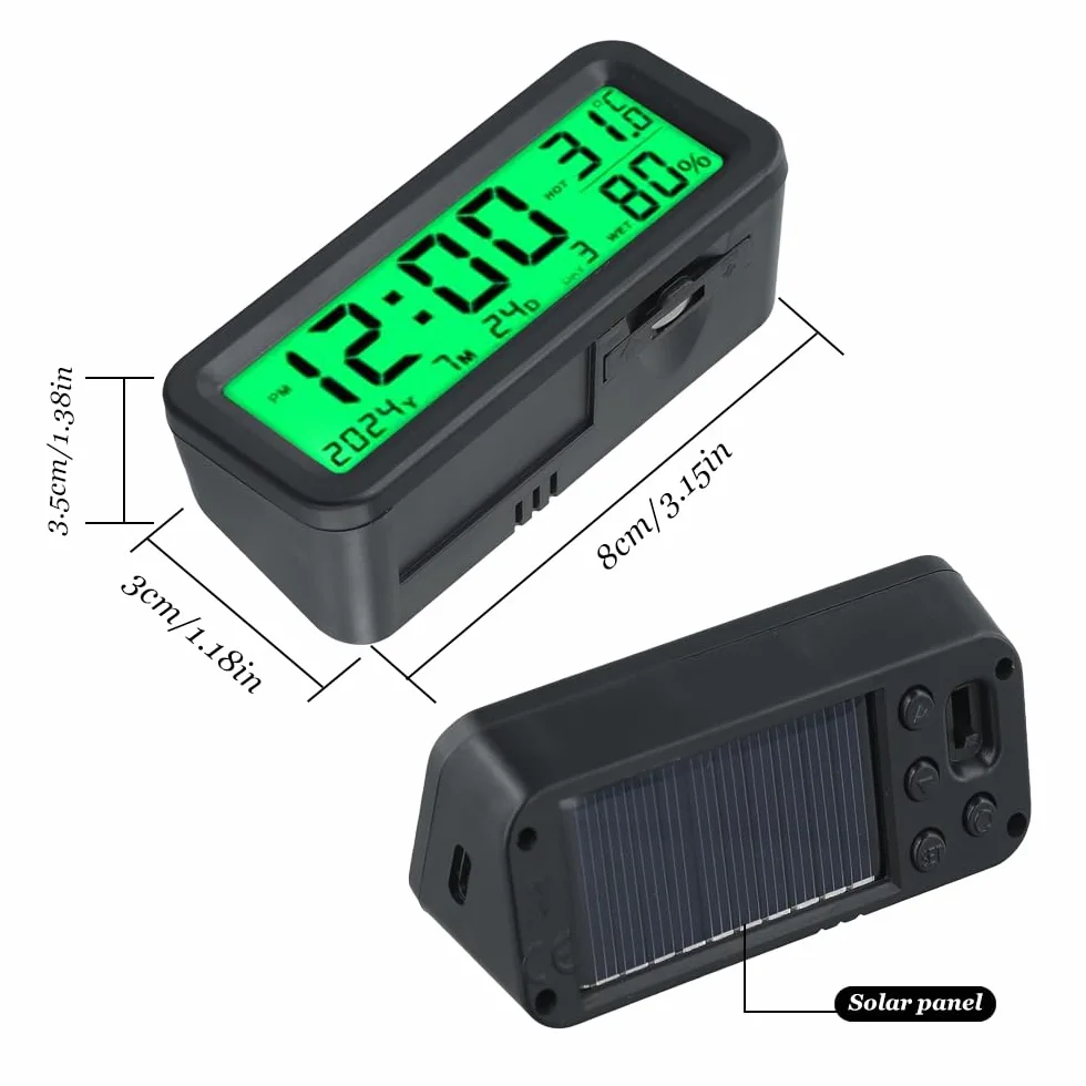 Mini Orologio Digitale da Auto Solare Cruscotto 8x3x3.5 cm Display LCD Temperatura