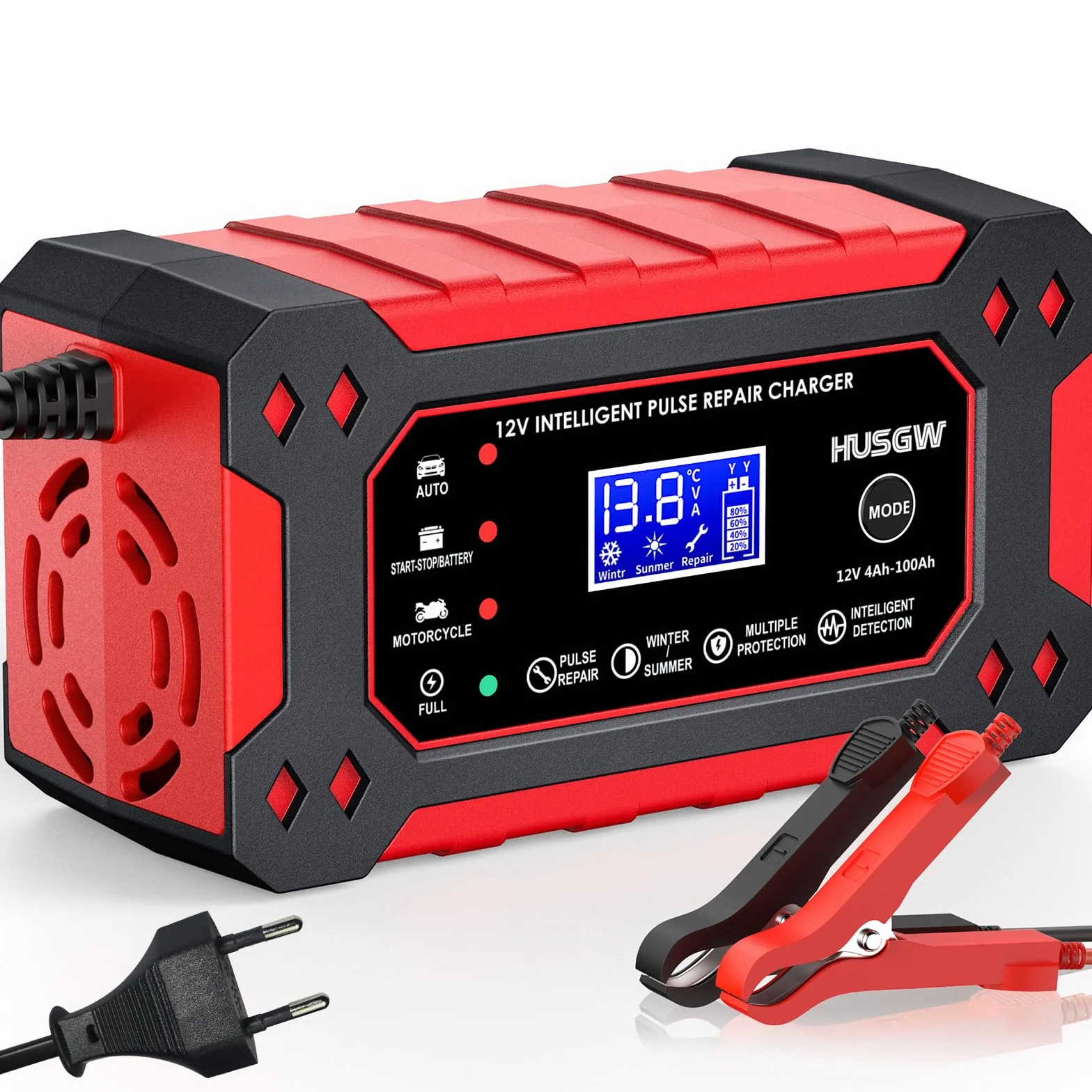 Caricabatterie Intelligente 12V 6A con Riparazione Automatica Display LCD per Auto Moto Camion AGM Gel SLA 2-100Ah