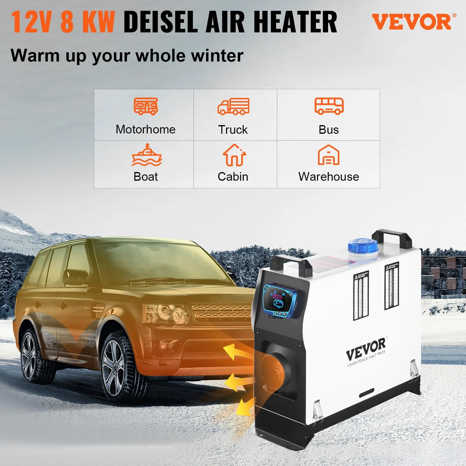 VEVOR Riscaldatore ad Aria Diesel 12V, Riscaldatore di Parcheggio, Riscaldatore per Camion 8KW all in One Interruttore Schermo LCD, Riscaldamento da Parcheggio, Air Heater Diesel 12V 8KW
