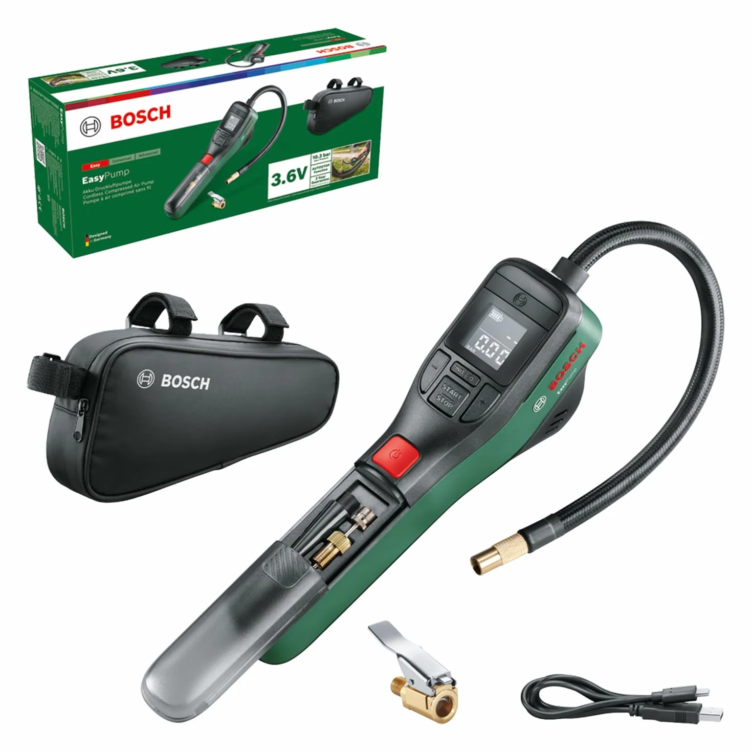 Bosch EasyPump Mini Compressore Portatile a Batteria 3,0 Ah 3,6 V 150 PSI Autostop USB-C