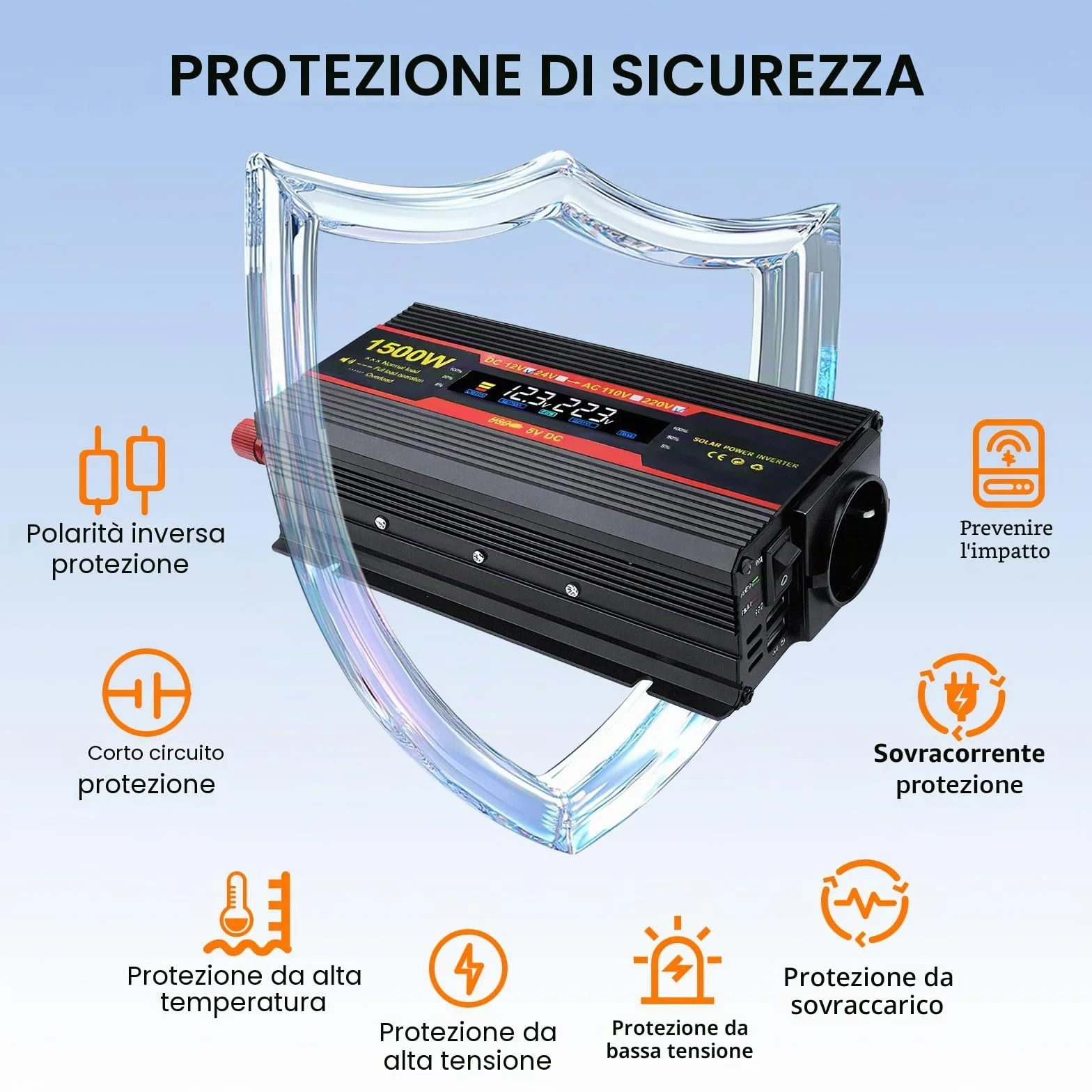 Convertitore di Tensione 1500W 12V 220V con 2 Porte USB per Auto Camper