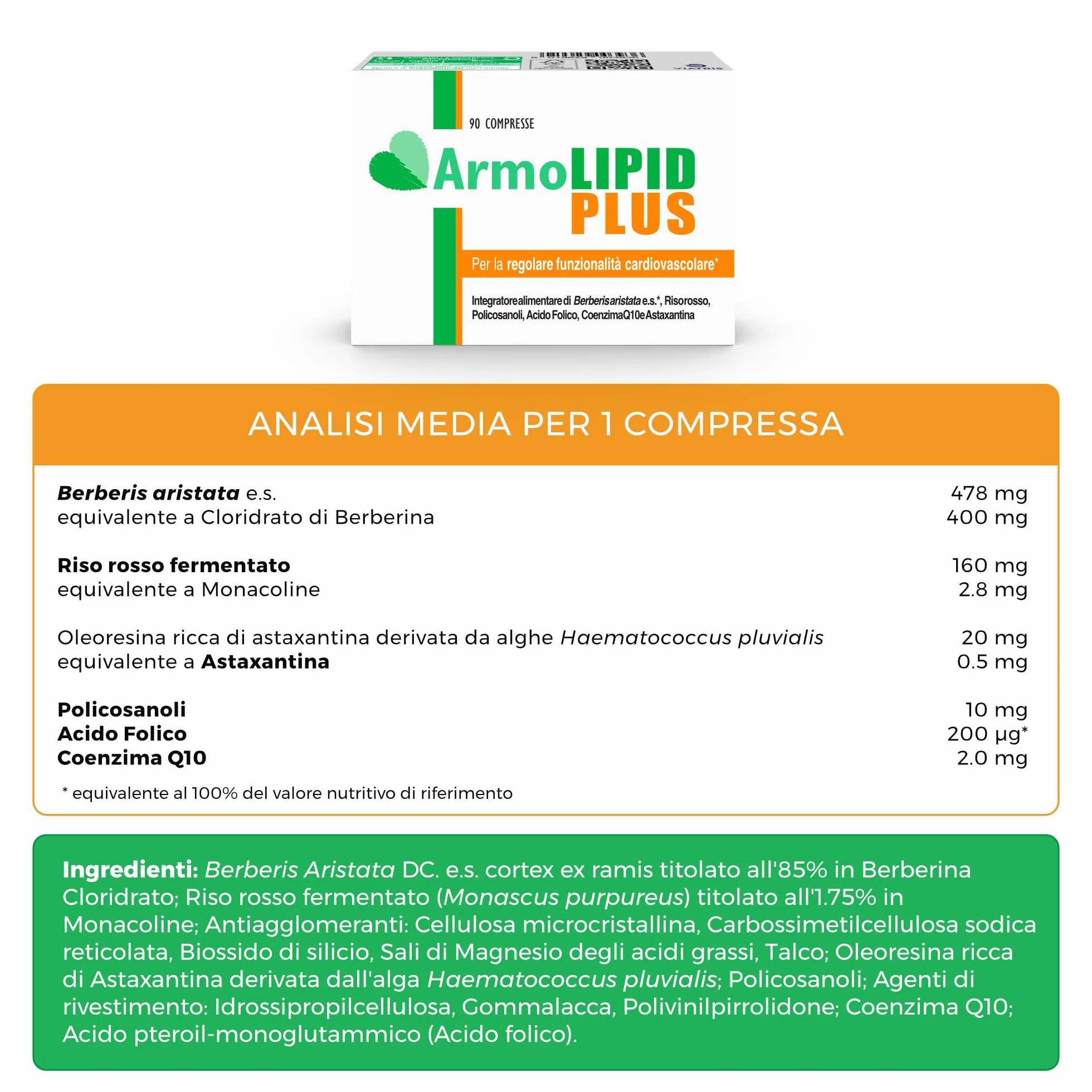 Armolipid Plus 90 Compresse Integratore Alimentare Berberis Aristata Riso Rosso Fermentato Acido Folico Policosanoli Coenzima Q10 Astaxantina