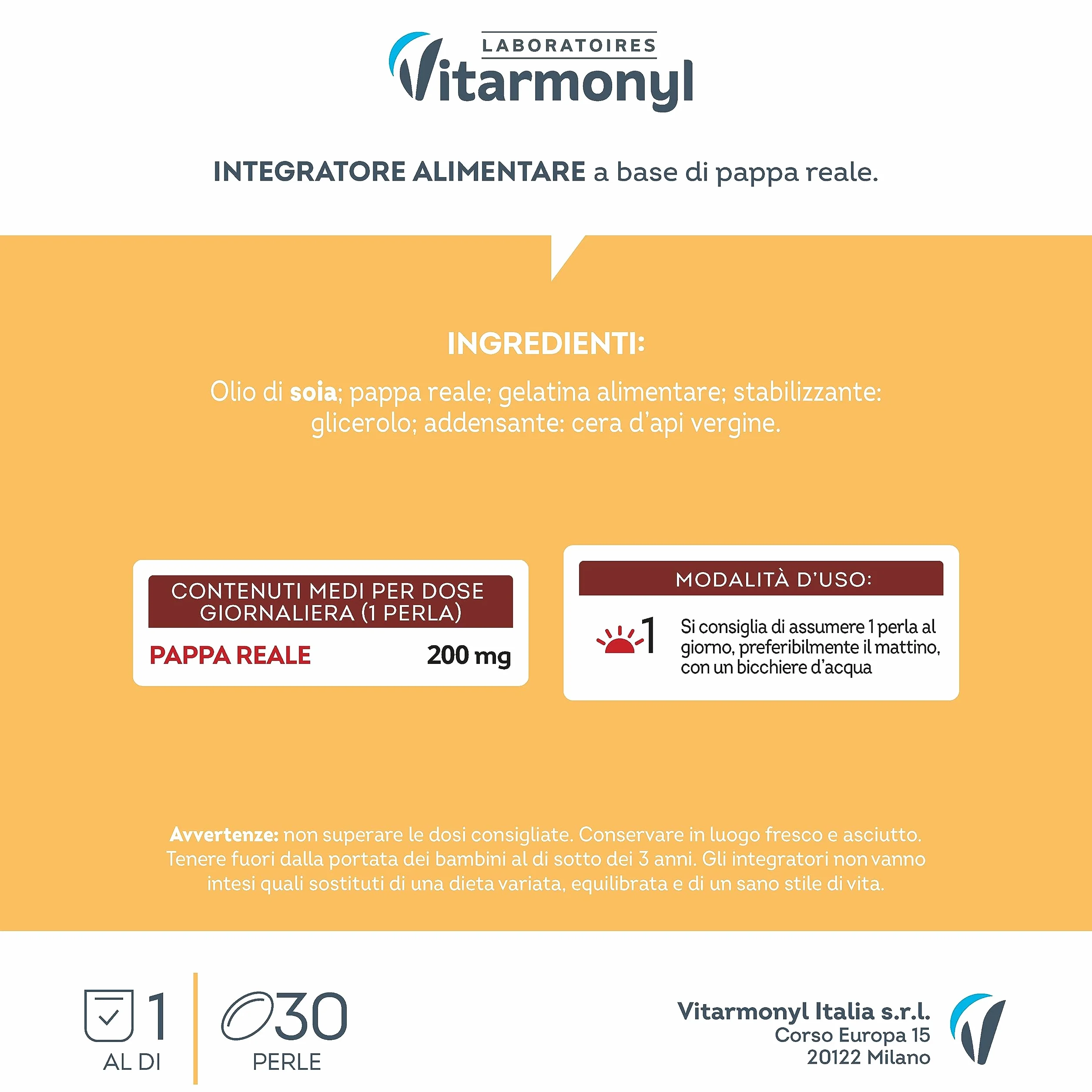 Pappa Reale Integratore Energia e Difese Immunitarie 30 Perle Softgel Vitarmonyl