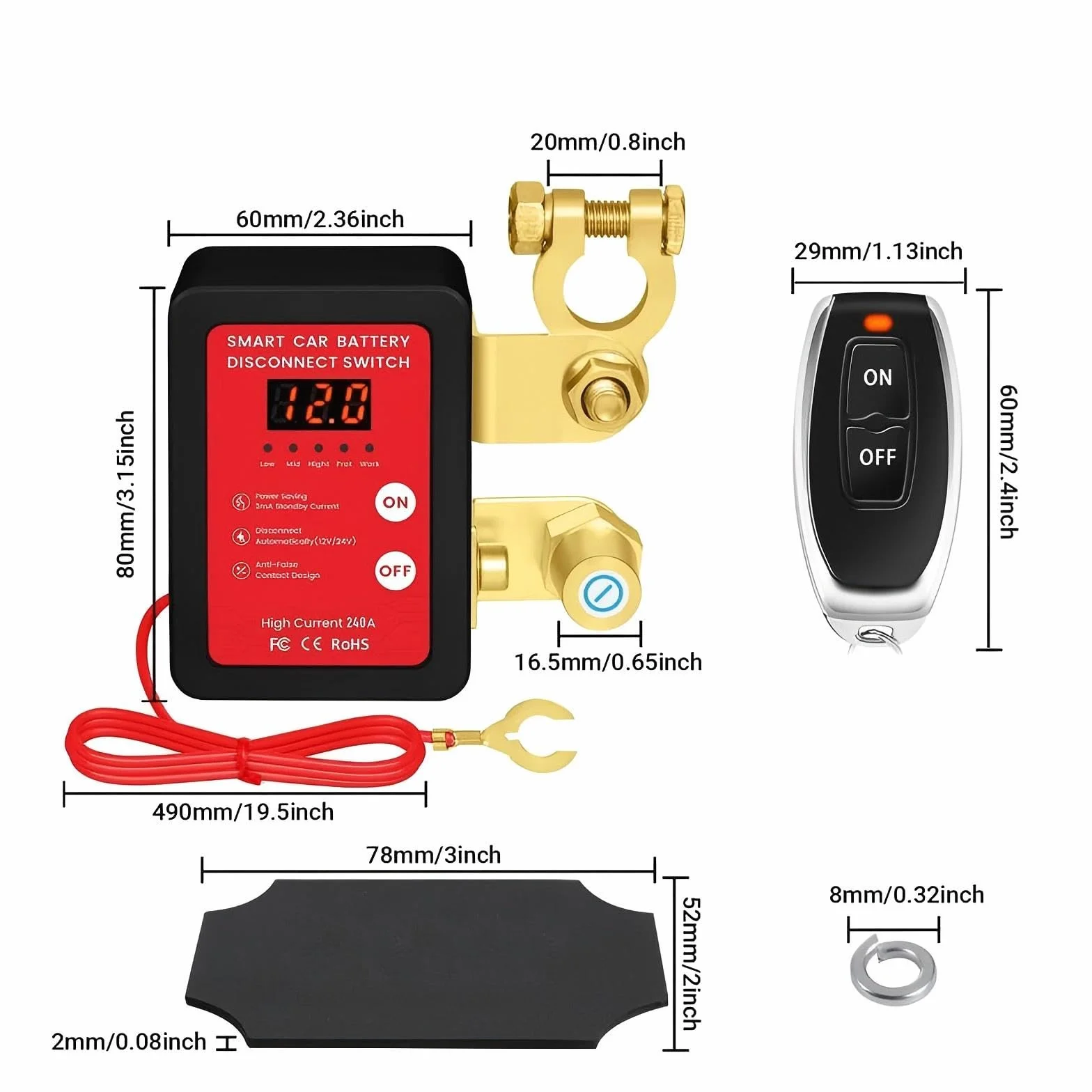 Stacca Batteria Auto 12V 240A, Interruttore Staccabatteria con Display LED, Interruttore Automatico Senza Fili con Telecomando, Kill Switch Antifurto per Auto, Camper, ATV, Camion, Trattore