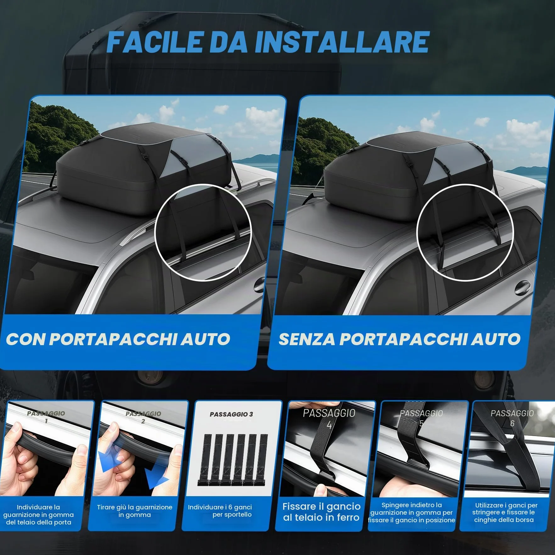 Huanyu Borsa da tetto per auto 20 piedi cubi/550L Box da tetto per auto Tenda da tetto impermeabile per veicoli Tenda da tetto per veicoli con o senza portapacchi per auto Portabagagli da tetto