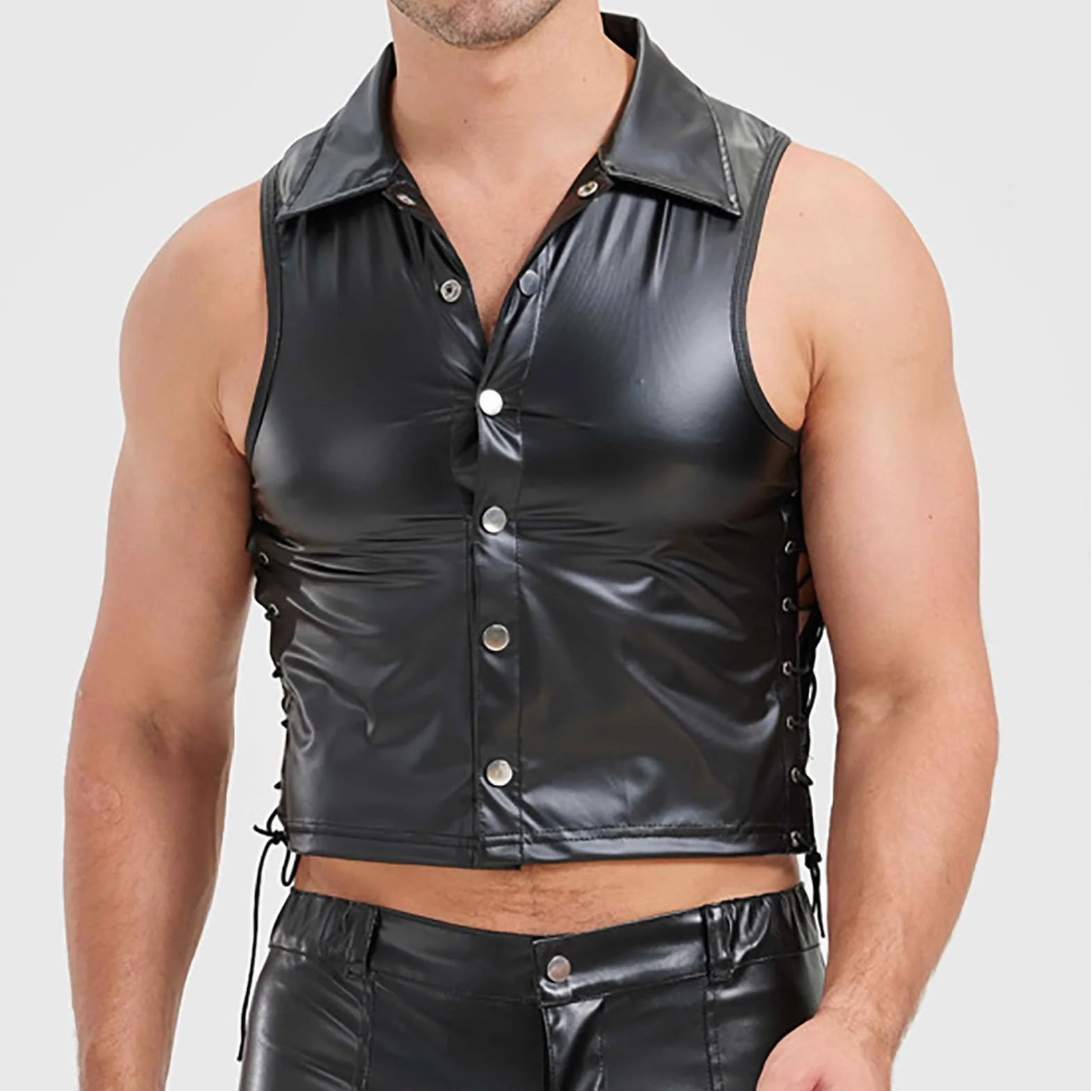 Gilet Senza Maniche in Pelle Verniciata Wet Look con Laccetti A V Uomo