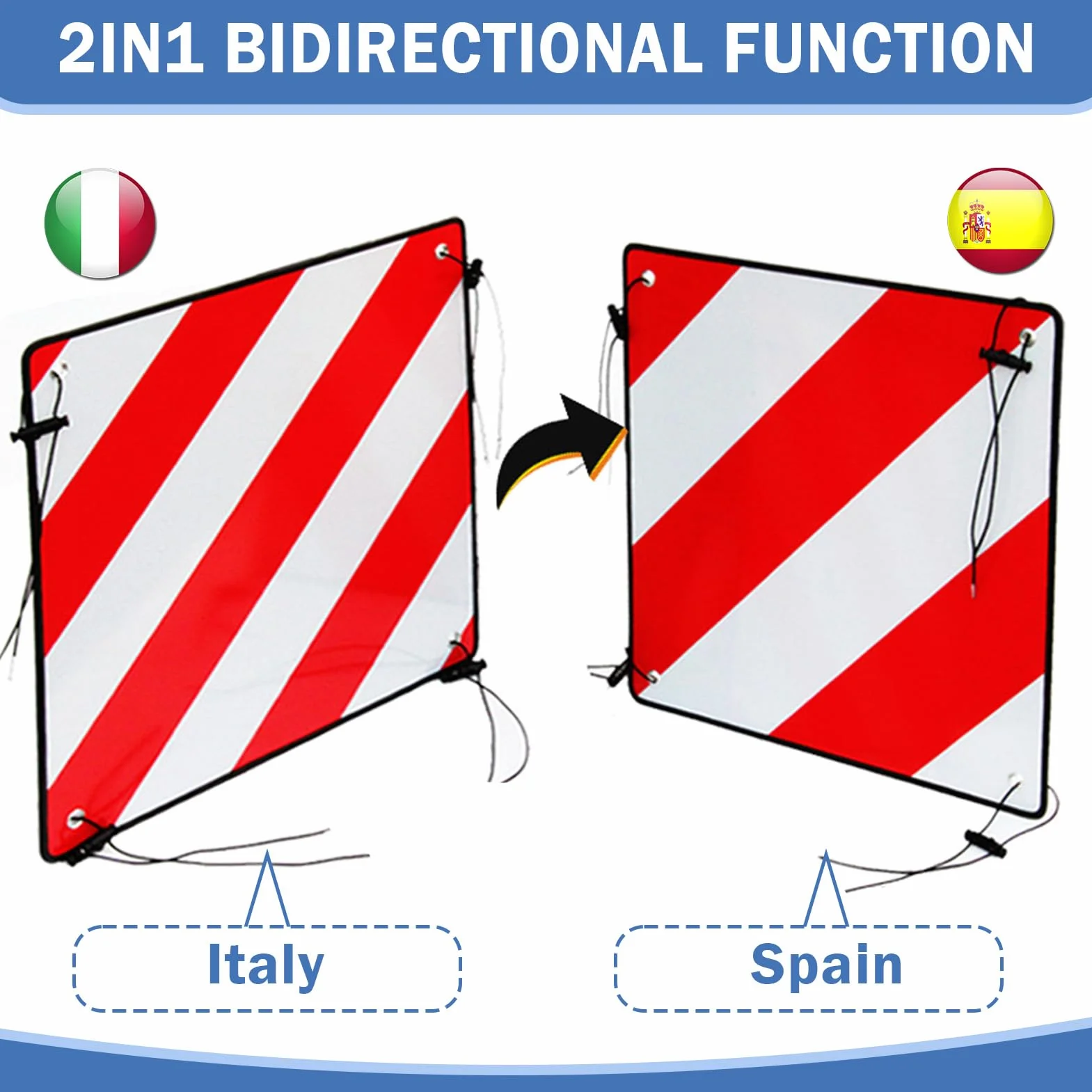Pannello di avvertimento 2 in 1 Italia Spagna portabiciclette 50x50 cm alluminio 4 cinghie
