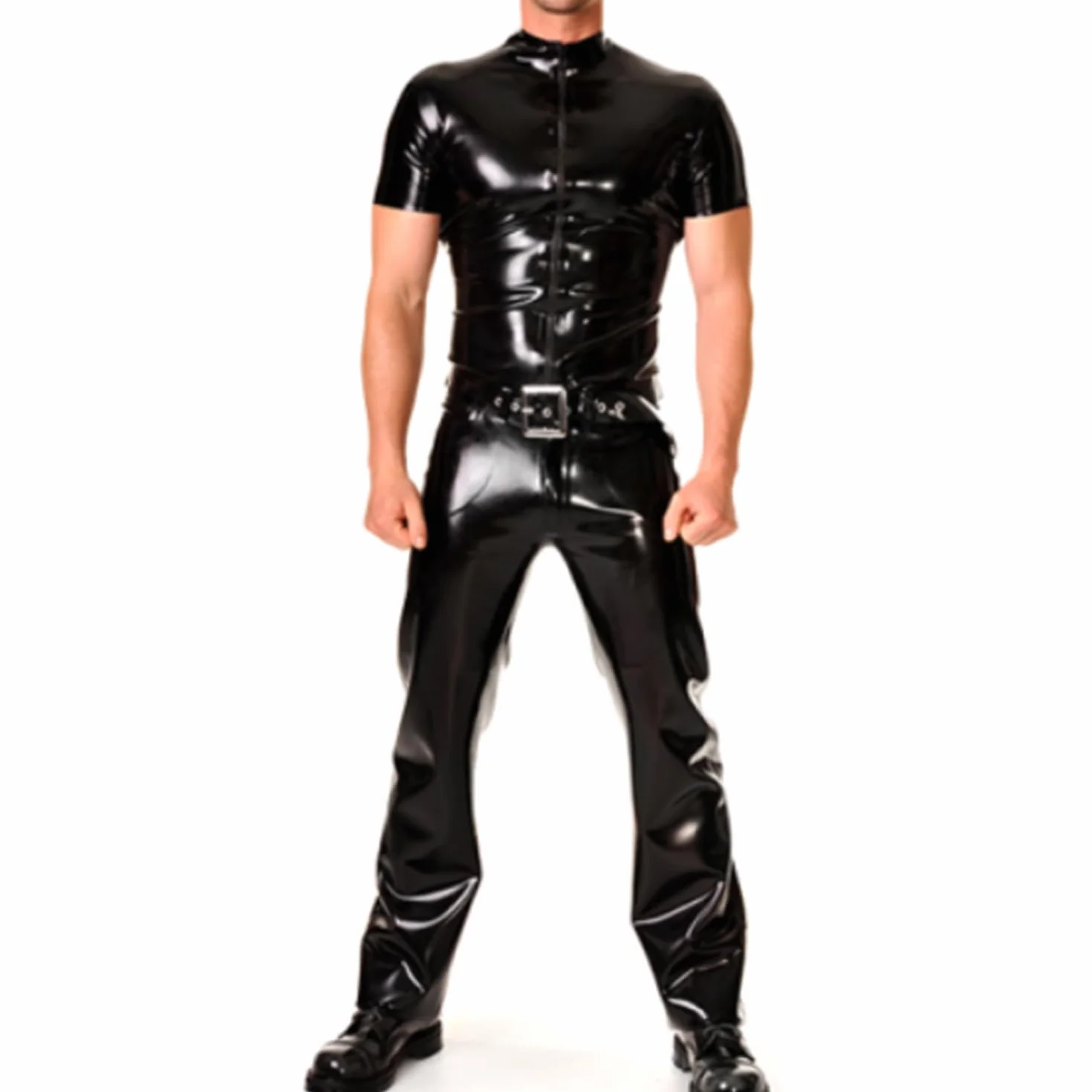 Nero Magliette Uomo Lattice Maniche Corte Gomma Naturale Fatte Mano Cerniera Costumi Cosplay