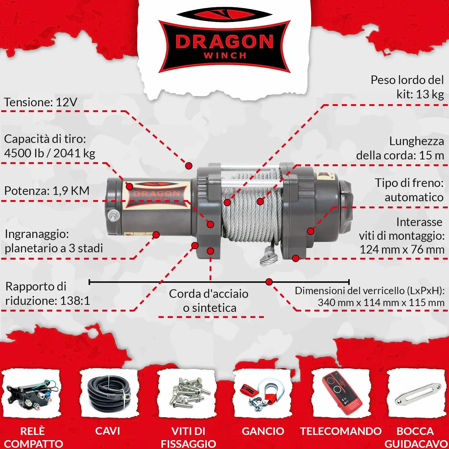 Verricello Elettrico Highlander 12V 4500 lbs Cavo Acciaio 15m Impermeabile Telecomando Senza Fili
