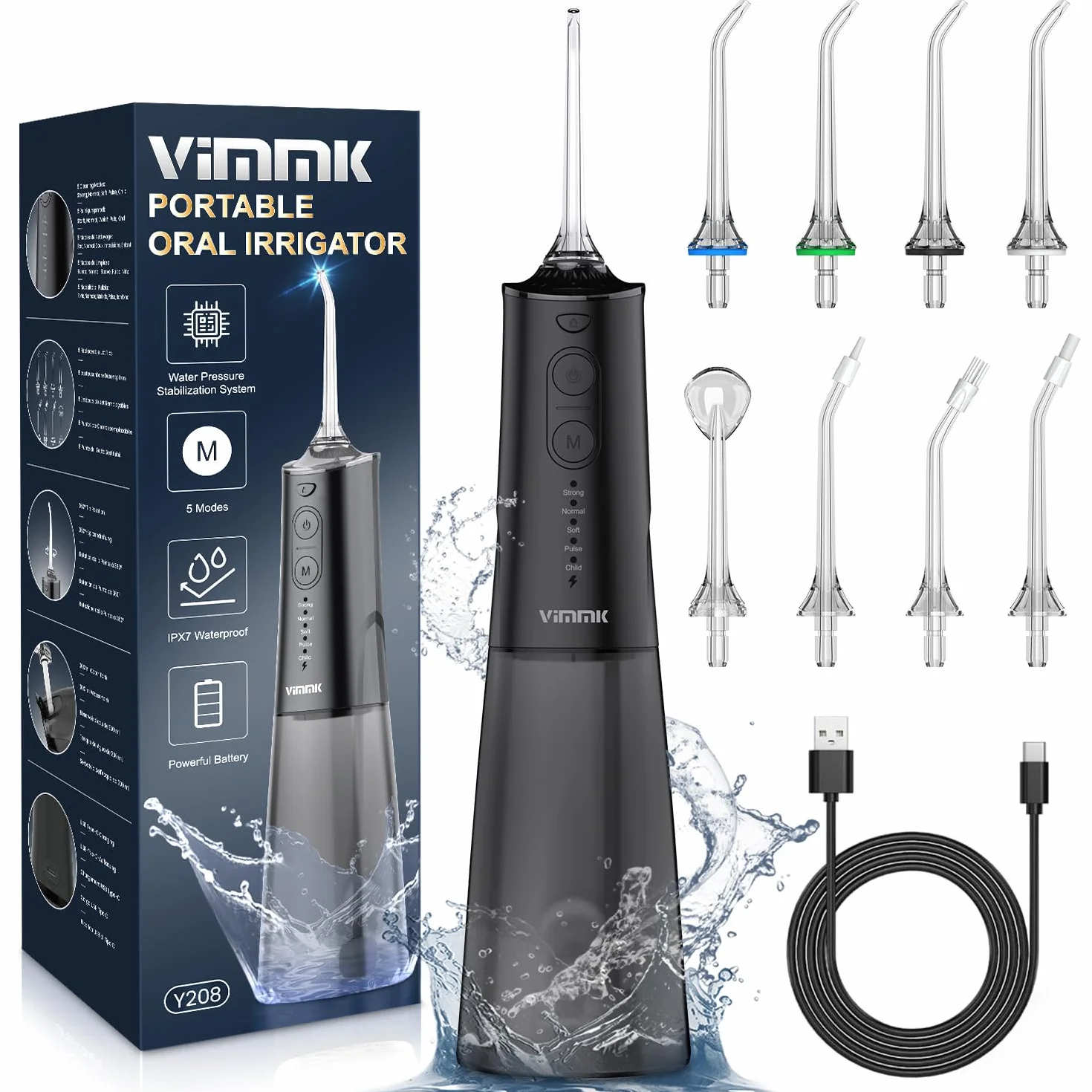 Vimmk Irrigatore Orale Senza Fili, Idropulsore Dentale Ricaricabile Impermeabile IPX7 Nero