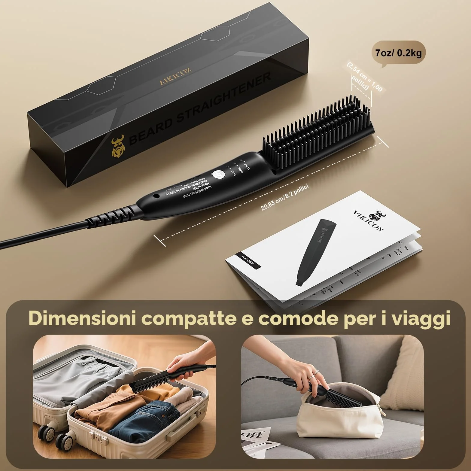 VIKICON Piastra per Barba Capelli Uomo Mini Styler Spazzola Lisciante Professionale Ionico Riscaldata Rapida