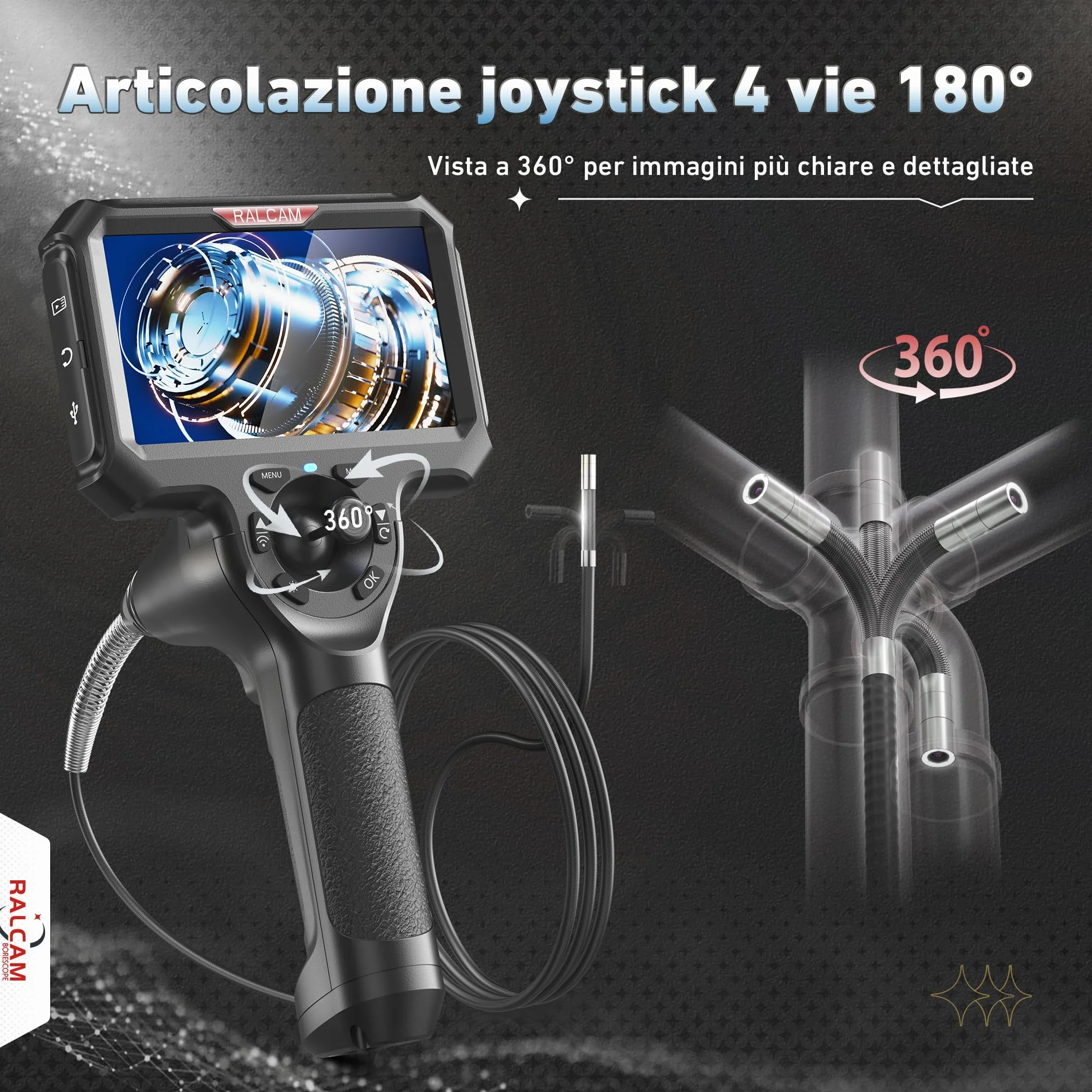 Ralcam Endoscopio 360° Orientabile con Display HD 5" 1280×720, Sonda 6,2 mm, Cavo 1,5 m, IP67 Impermeabile