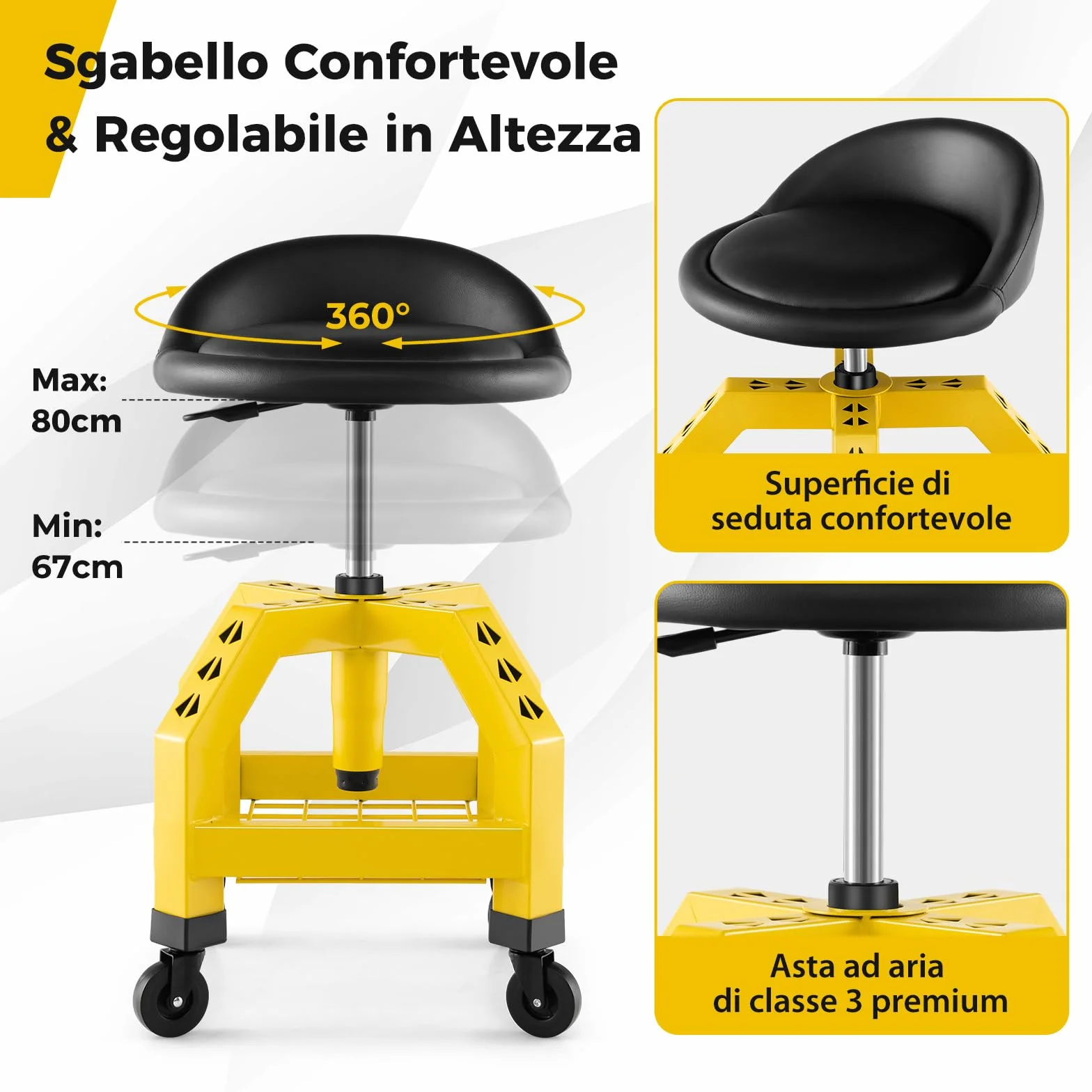 COSTWAY Sgabello da Officina, Sgabello Meccanico Rotante con Vassoio Porta Attrezzi, Regolabile in Altezza e 4 Ruote Universali, Capacità di 150 kg, per Garage, Officina (Giallo)