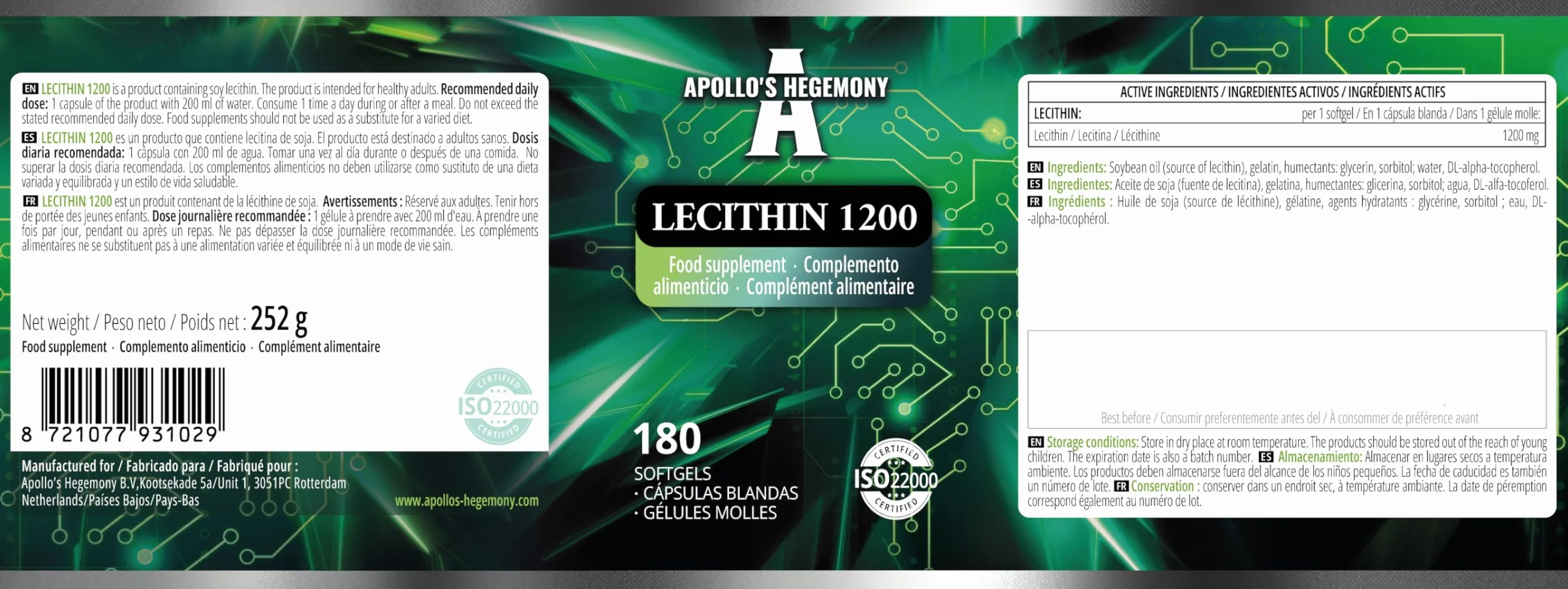 Lecitina 1200mg con Vitamina E 180 Capsule Softgel Integratore di Lecitina di Soia