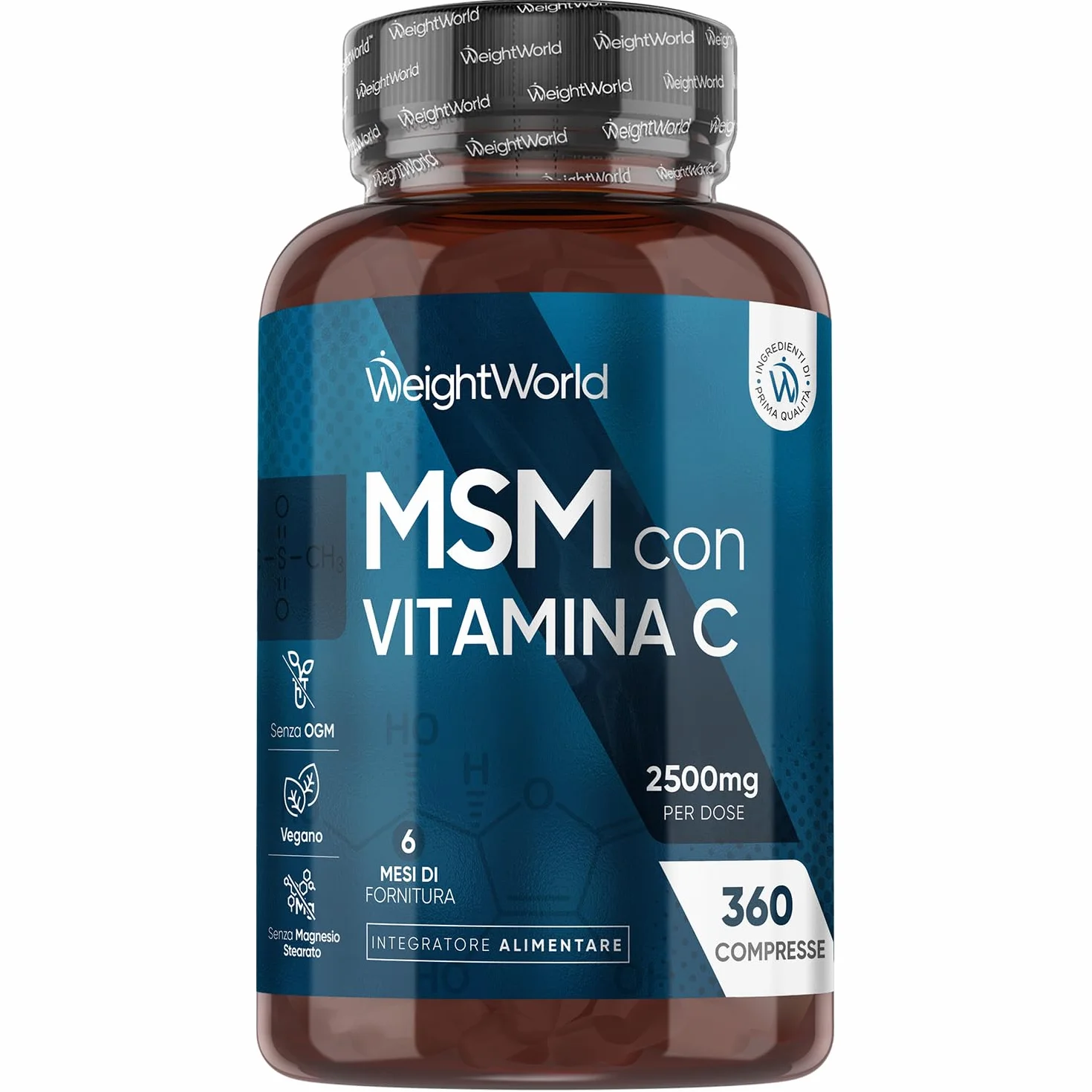 MSM Integratore 2500mg 360 Compresse Vitamina C Metilsulfonilmetano Vegano Senza Glutine